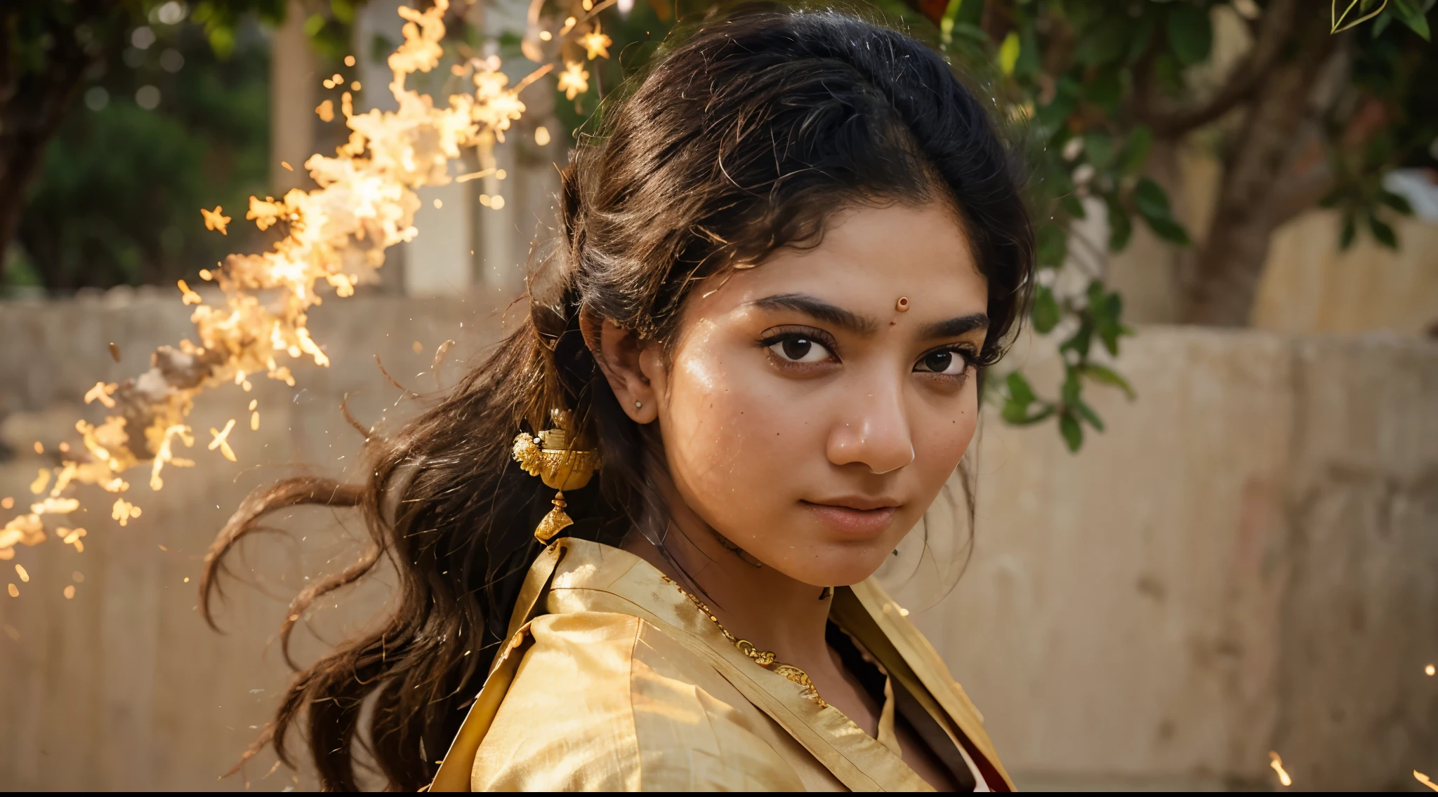 create a realistic image of a south indian super hero who looks like. she is wearing traditional south indian attire. she has white eyes. She uses an urumi as a weapon. she is a godess level tantra user. she has an energy of mystery around her. the lower half of her face is covered with a mask. draw her in a kalari fighting pose. she is fighting a scary pishach. there are sparks flying all around. the whole place is destroyed in their fierce battle.