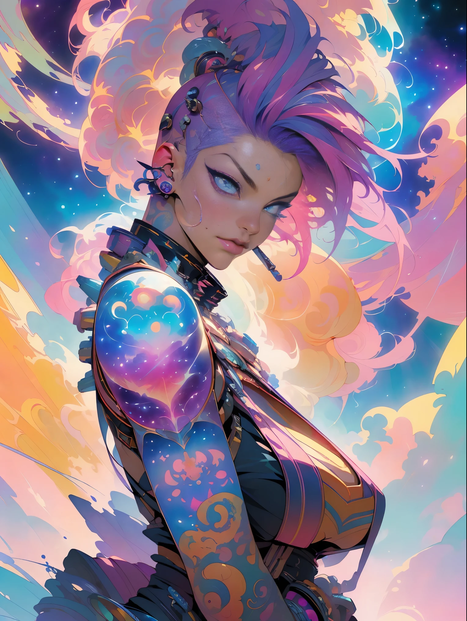(masterpiece, top quality, best quality, official art, beautiful, cosmic, atmospheric, psychedelic, dreamlike and aesthetic:1.2), (1girl, pink punk rock mohawk hair, tons of tattoos and piercings, super huge enormously gigantic tits), extreme detailed,(fractal art:1.3),colorful,highest detailed, cherry blossoms and butterflies blowing in the wind 