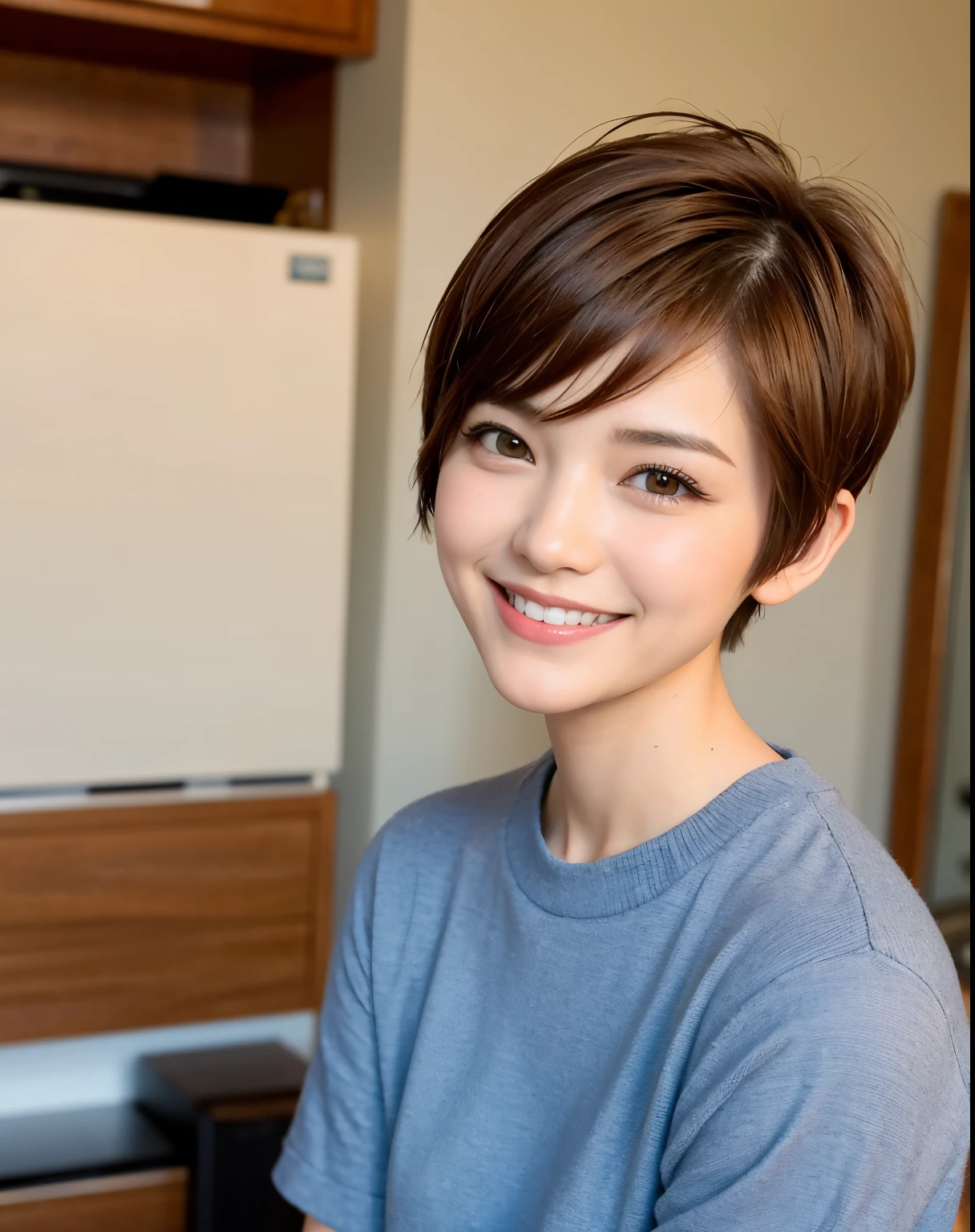 Short hair Pixie cut Cecil cut Uneven hair tips Very short hair Smile Brown hair
