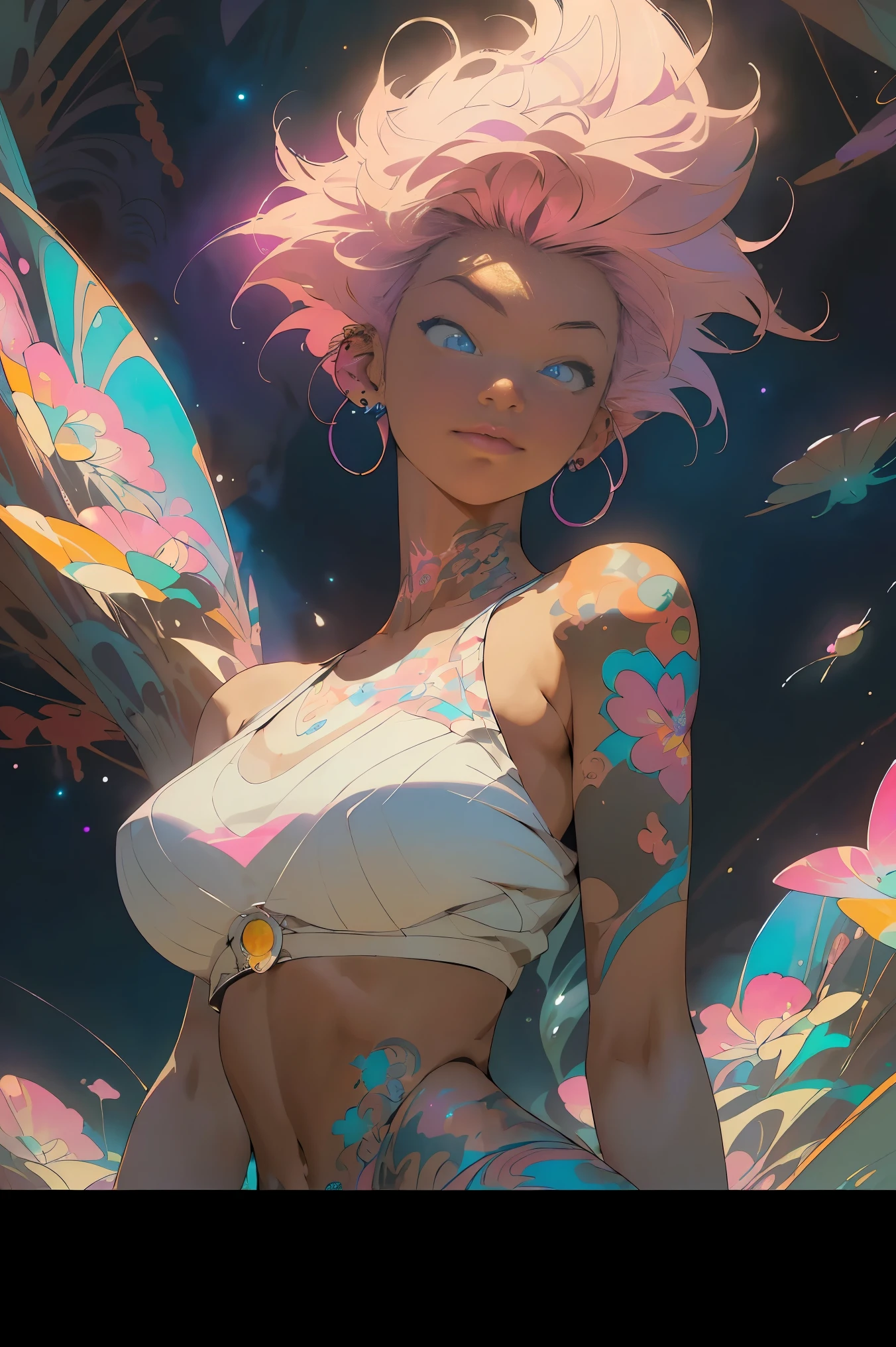 (masterpiece, top quality, best quality, official art, beautiful, cosmic, atmospheric, psychedelic, dreamlike and aesthetic, super huge enormously gigantic nude tits and nipples exposed, tons of tattoos and piercings:1.2), (1girl, pink hair), extreme detailed,(fractal art:1.3),colorful,highest detailed, cherry blossoms and butterflies blowing in the wind