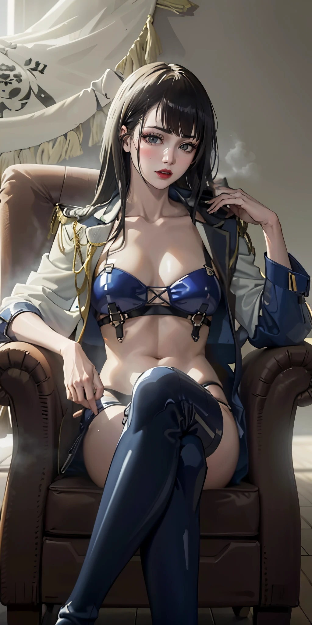 senjumaru shutara, (long hair, bangs, blunt bangs, black hair, sidelocks:1.5), (black eyes:1.5), makeup, lipstick, red lipstick, (best quality,4k,8k,highres,masterpiece:1.2),ultra-detailed,(realistic,photorealistic,photo-realistic:1.37),race queen, cropped jacket, huge breast,highleg bikini, micro shorts, thigh boots, peaked cap, sitting, crossed legs, armchair, nsfw, illustration, vibrant colors, warm tone, dramatic lighting, ethereal atmosphere, flowing robes, dramatic lighting, intense expression, mystical symbol, intense gaze, elegant pose, magical aura, enchanting beauty, mystical setting, enchanting artwork, intricate details. sweating, fog, steaming body
