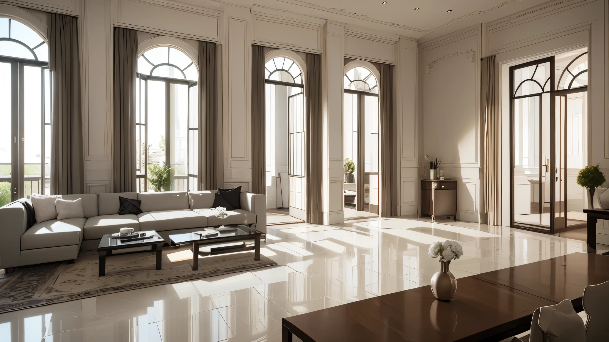 You are a famous interior designer、You have been asked to create a 3D image of a modern large room. Create a harmonious environment with modern and minimalist furniture. Including garden interior.