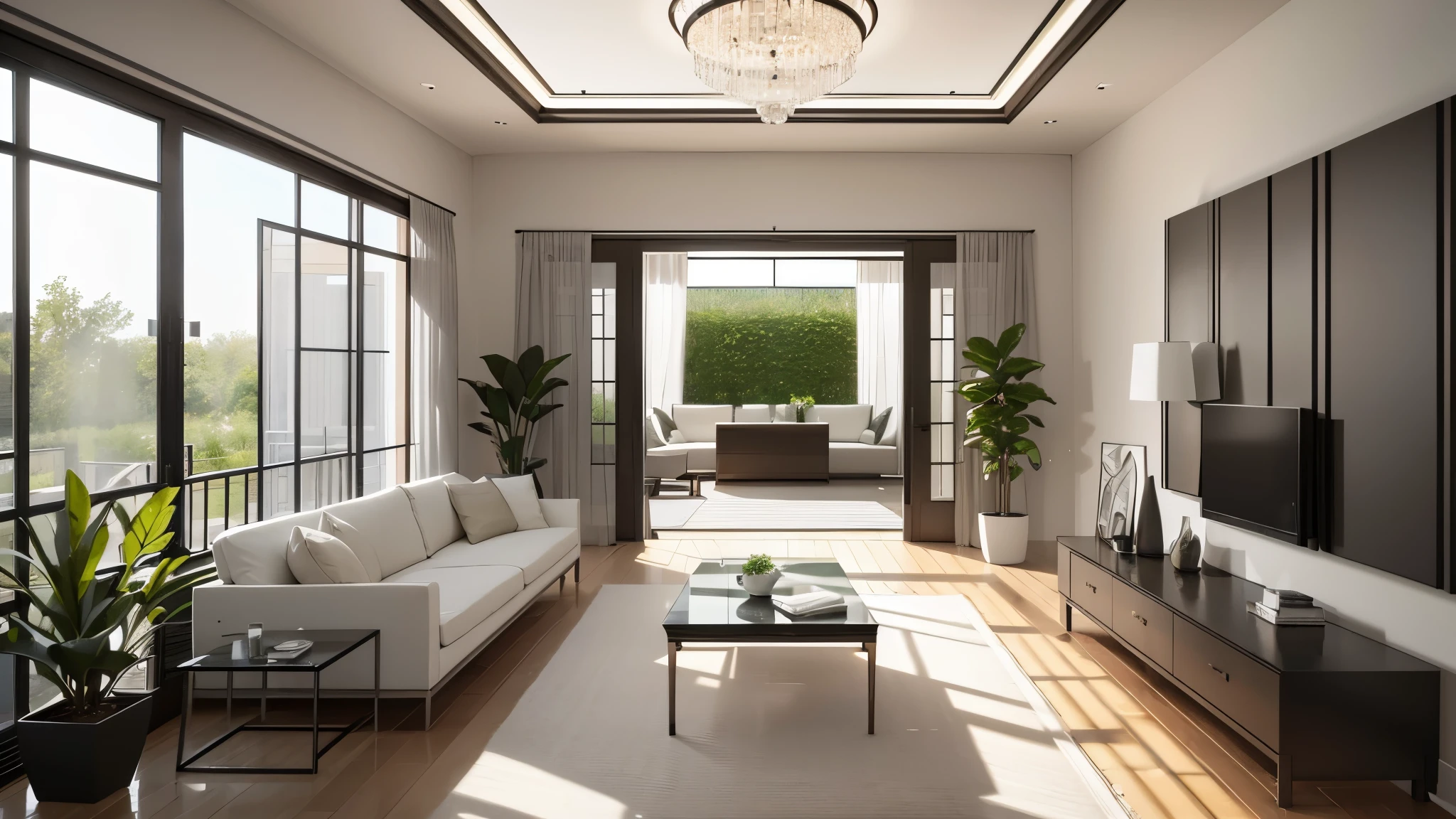 You are a famous interior designer、You have been asked to create a 3D image of a modern large room. Create a harmonious environment with modern and minimalist furniture. Including garden interior.