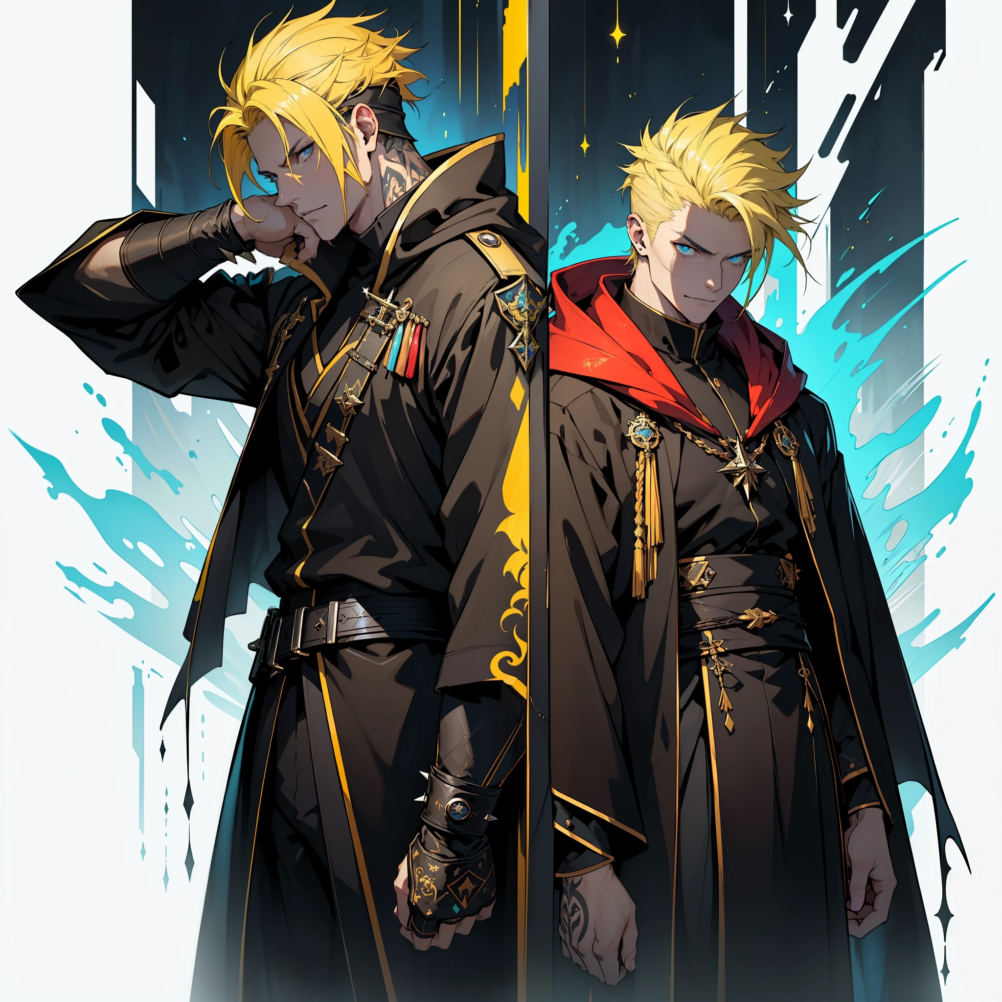 (in 8K、top-quality、masterpiece:1.2)、Vampire、Cyberpunk men、fantasy worlds、dark backgrounds、Clean design、Magnificent Instagram、art stations、Colorful paint splatter、silhuette、Ultra-detailed intricate details、unrealengine、Fantasia、intricate detailes、Splash Screen、Complementary color scheme、Fantasy concept art、an oil painting、heavy strokes、Paint dripping、(isolated on white:1.3)、Rainbow skin、(((Handsome young man)))、(glowingblueeyes)、 ((Bright eye)), (( spiky Long Yellow hair:1.1))), ((Black Millitary Coat)), (prinz\\(indifferent look\\),(Wearing a luxurious black robe with high detail))), Yellow-haired, Frost magic, ((breastsout), ((Wizard)).