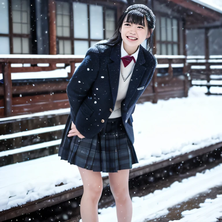 cute high school girl, 18-year-old, Wearing a light pink miniskirt uniform.、The background is inside the classroom、I can see snow outside the window