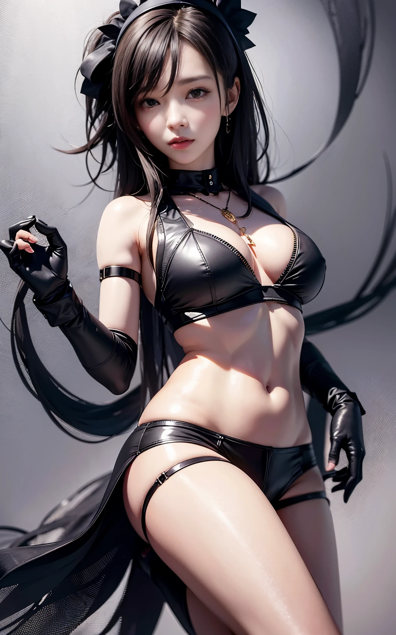 best quality,master piece,High resolution,(beautiful face),looking at the viewer,Are standing,((Half body)),((White vest)),((black leather skirt)),Hands in gloves,right arm hanging down