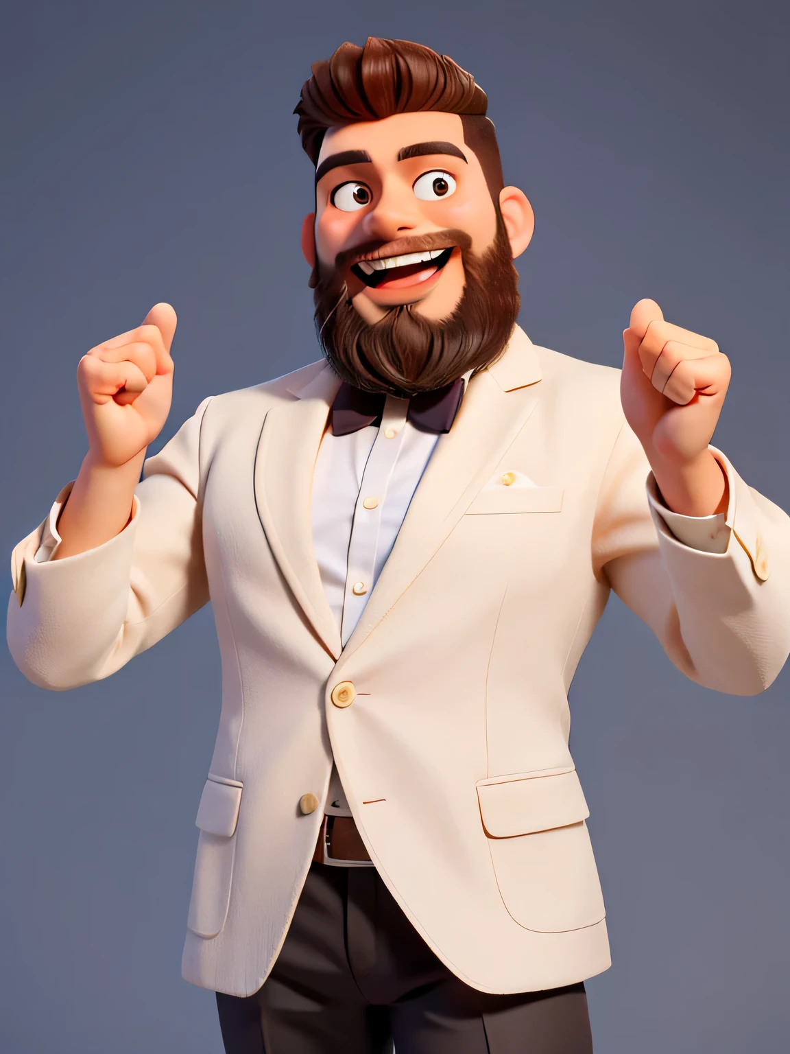 masterpiece, best quality,A man with a beard,with a big smile on its face,Caesar Andrade Faini,clean background,Suit,victorious expression,excited