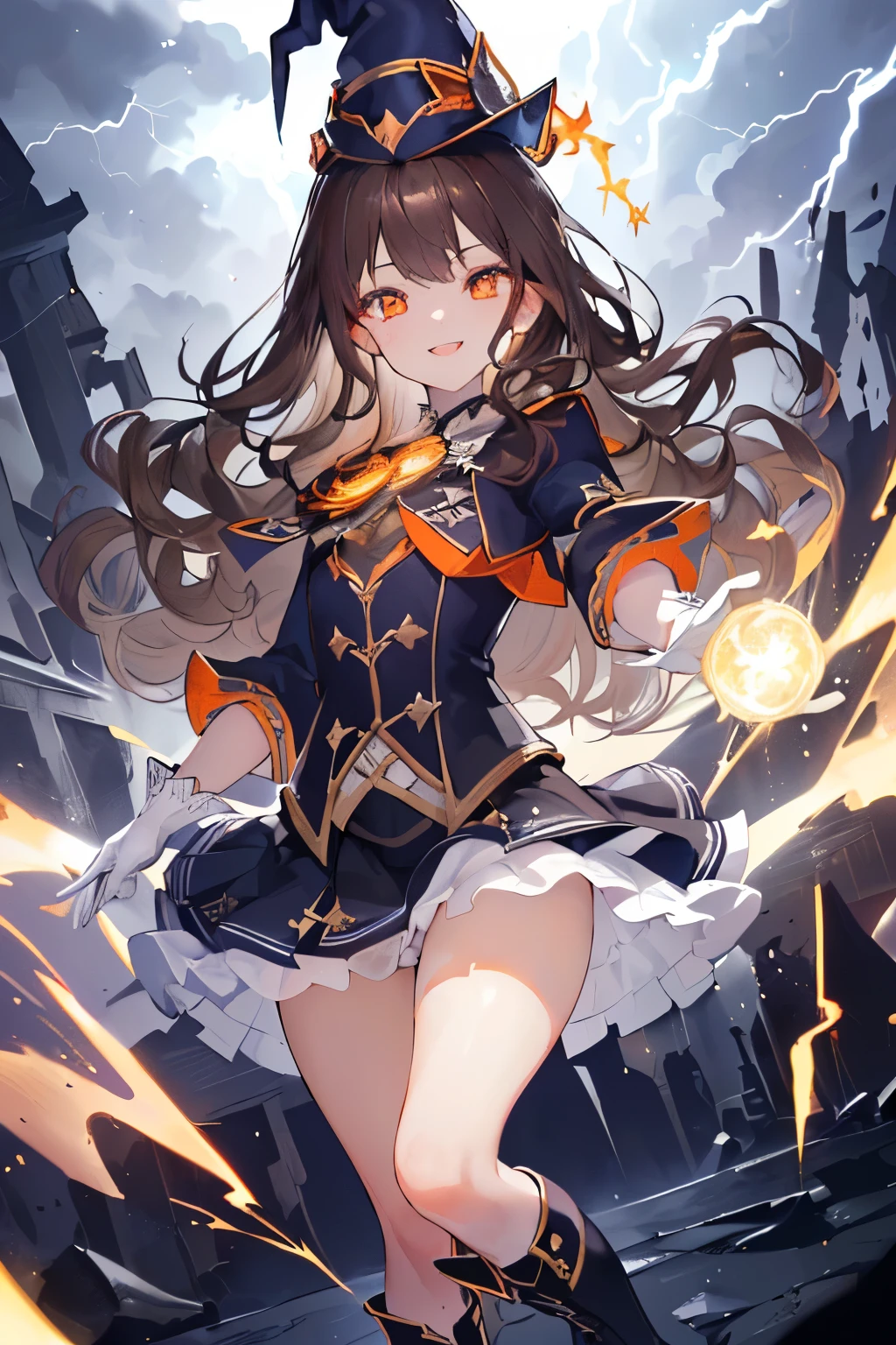 (((1girl))), ((best quality)), ((masterpiece)), ((ultra-detailed)), (illustration), (detailed light), (an extremely delicate and beautiful), (beautiful detailed eyes), (sunlight), ((extremely light)), ((extremely clothes)), (((hyper detail))),(((((front lighting))))),(((((front light))))),
((((quite adorable and girly Novice Warlock's uniform with a brief skirt and magical hat)))), (((Novice Warlock))),
,
(((wavy long hair))), ((((dark brown hari)))), (((long hair))),
(((deep orange eyes))),
((whole body)), aged 5 to 8, ((((())))), ((((very adorable young girl)))),
((condescending expression)), ((mischievous smile with sexual satisfaction)), (((extra adorable))), (((((extra slender shape))))),
(((((extremely beautiful detailed face))))),
(((dynamically attacking enemies by a spell of Lightning))), (((elegant magic boots))),
(Dutch angle), (((white gloves))), ((transparent magical underskirt)), a little bit exposed adorable magical panties