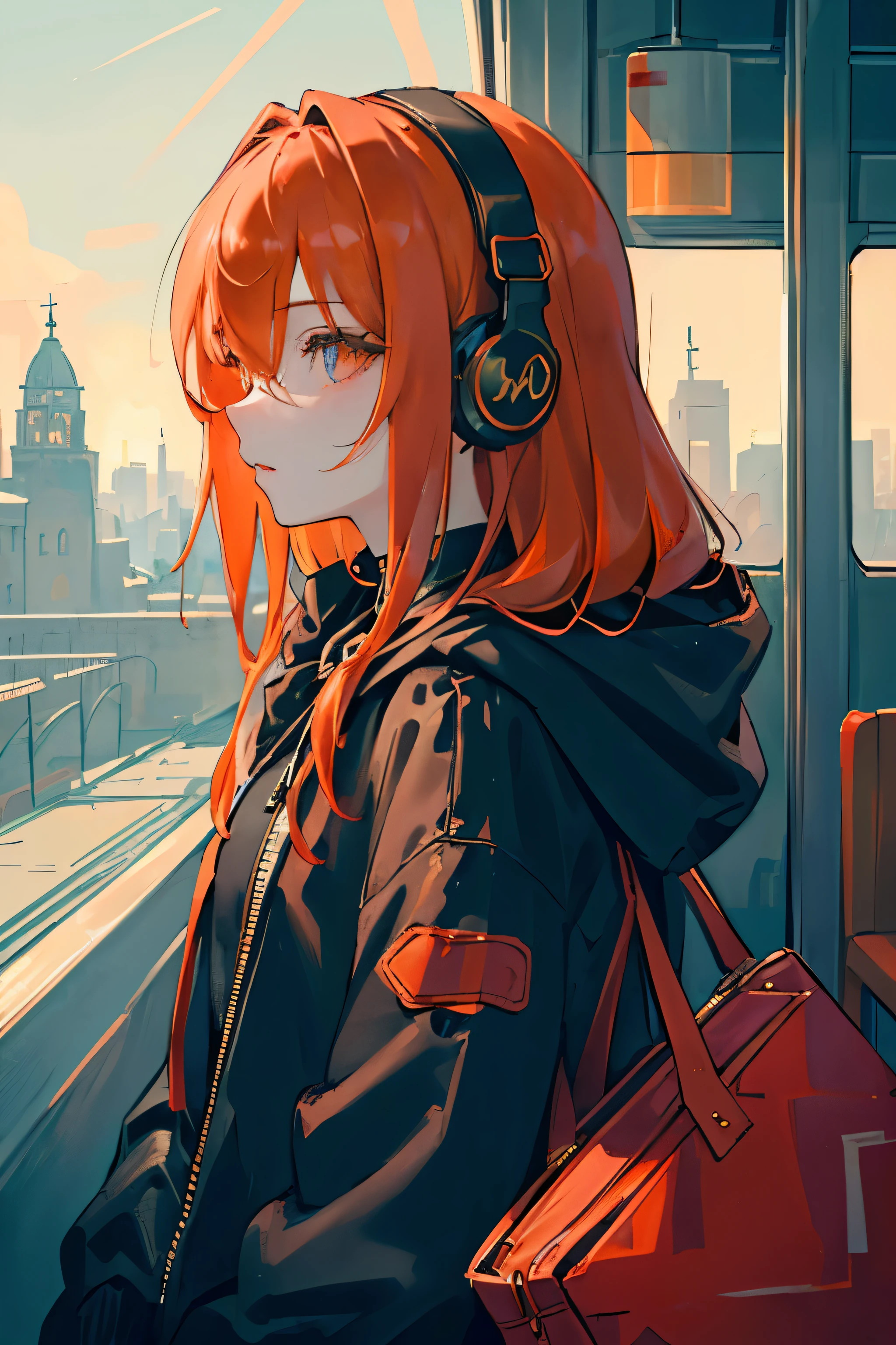(masterpiece, side light, Super detailed, beautiful and fine eyes: 1.2), 1 girl, bag, building, From the side, headphones, hood, hood down, hooded Jacket, hoodie, Jacket, long hair, orange hair, profile, redhead, alone, train, train interior, Upper body, masterpiece, highest quality