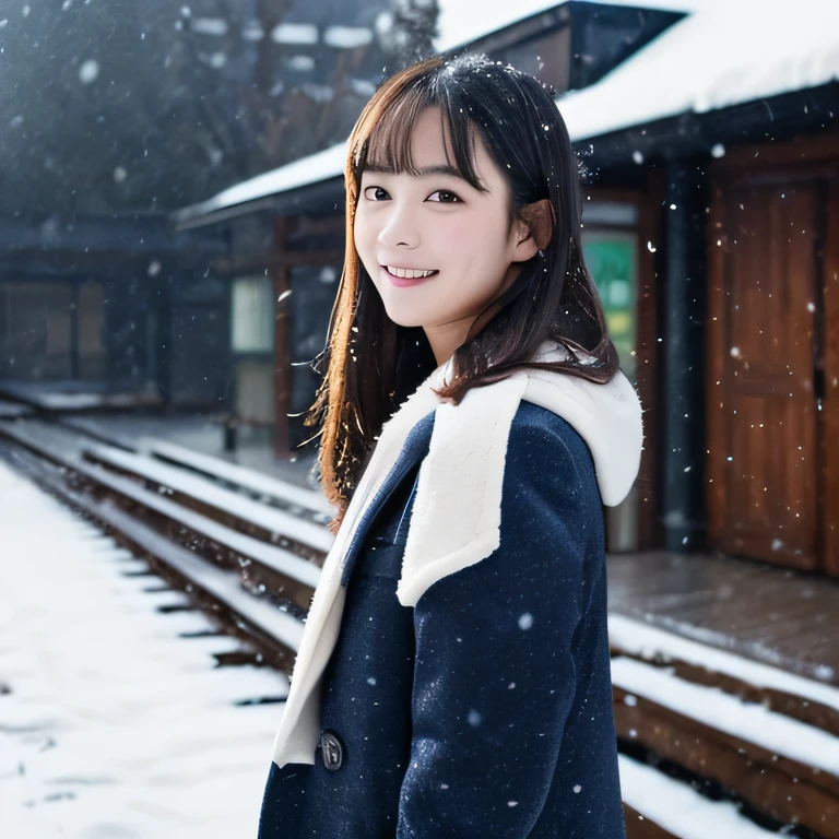 portrait,realistic,Japanese,歳のgirl,open your mouth a little,look straight ahead,The body is frontal,looking at the viewer,that'This is an area where it snows a lot.,vision,black hair in ponytail,bangs,smile,,girl,smooth complexion,school uniform,navy blue blazer,gray skirt,navy blue trench coat、 (from below:1.3),full body photo,The background is the platform of a rural station...,Unmanned station platform、It's windy、Let your hair flutter in the wind、that'It's snowing,(masterpiece:1.25),(clear eyes:1.1),(Gentle atmosphere:1.1),low contrast