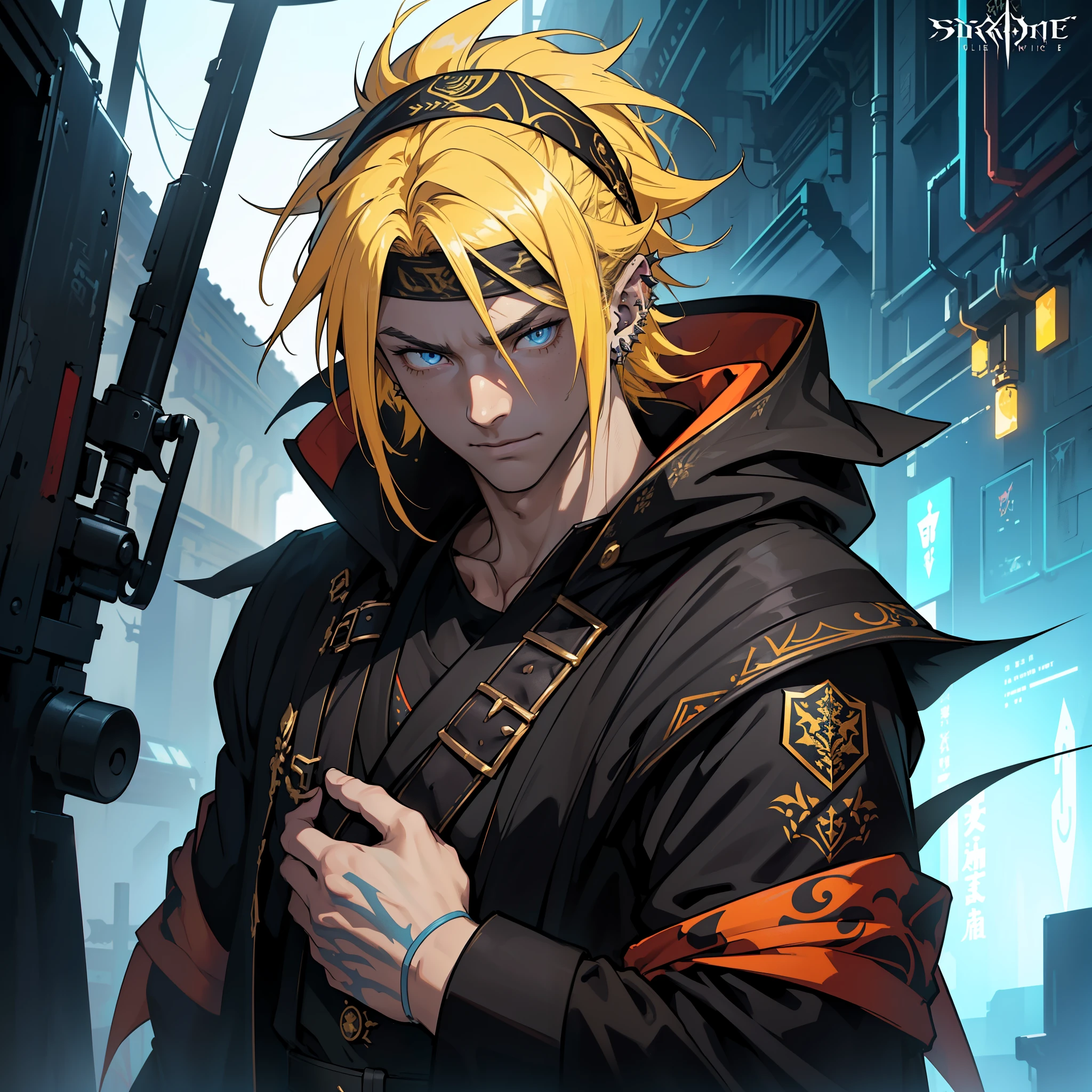 (in 8K、top-quality、masterpiece:1.2)、Vampire、Cyberpunk men、fantasy worlds、dark backgrounds、Clean design、Magnificent Instagram、art stations、Colorful paint splatter、silhuette、Ultra-detailed intricate details、unrealengine、Fantasia、intricate detailes、Splash Screen、Complementary color scheme、Fantasy concept art、an oil painting、heavy strokes、Paint dripping、(isolated on white:1.3)、Rainbow skin、(((Handsome young man)))、(glowingblueeyes)、 ((Bright eye)), ((Bandana hair)), ((Ear Piercing)), (( spiky Long Yellow hair:1.1))), ((Black Millitary Coat)), (prinz\\(indifferent look\\),(Wearing a luxurious black robe with high detail))), Yellow-haired, Frost magic, ((breastsout), ((Wizard)).
