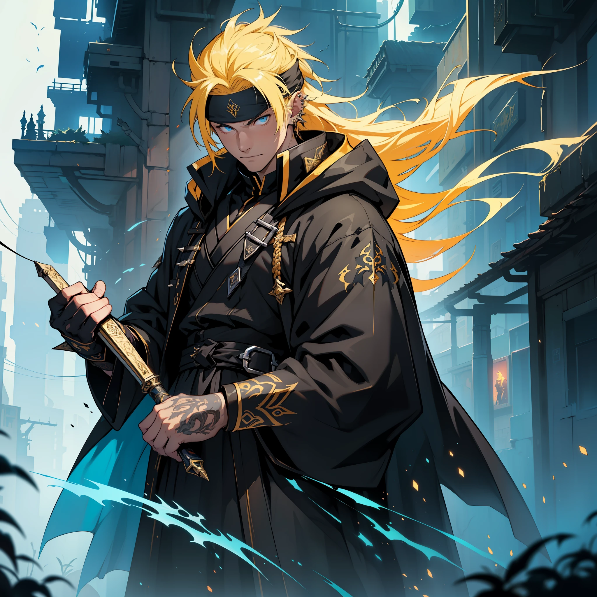 (in 8K、top-quality、​masterpiece:1.2)、Vampire、Cyberpunk men、fantasy worlds、dark backgrounds、Clean design、Magnificent Instagram、art  stations、Colorful paint splatter、silhuette、Ultra-detailed intricate details、unrealengine、Fantasia、intricate detailes、Splash Screen、Complementary color scheme、Fantasy concept art、an oil painting、heavy strokes、Paint dripping、(isolated on white:1.3)、Rainbow skin、(((Handsome young man)))、(glowingblueeyes)、 ((Bright eye)), ((Bandana hair)), ((Ear Piercing)), (( spiky Long Yellow hair:1.1))), ((Black Millitary Coat)), (prinz\\(indifferent look\\),(Wearing a luxurious black robe with high detail))), Yellow-haired, Frost magic, ((breastsout), ((Wizard)).