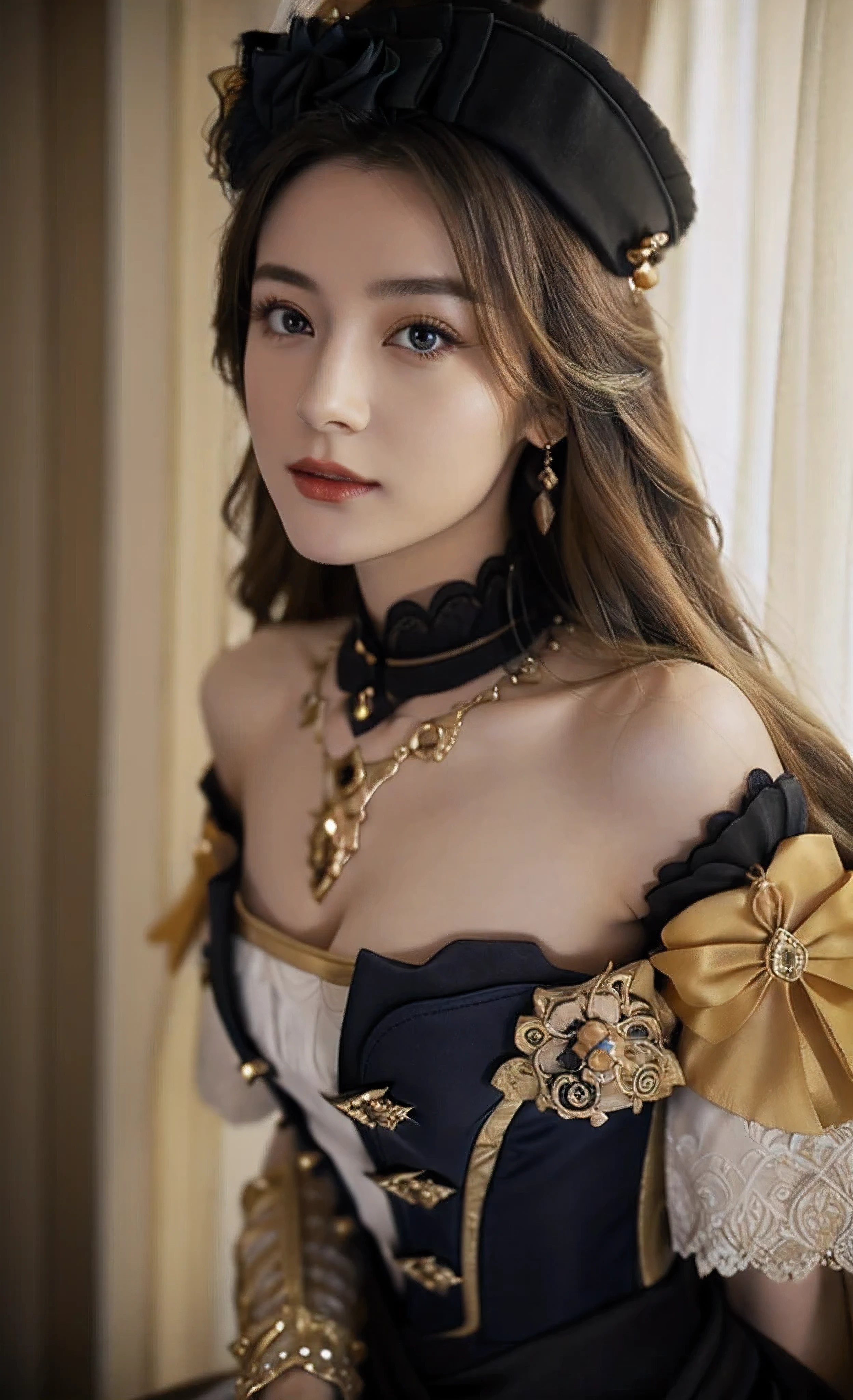 18-year-old girl, people portrait, (seducing:1.5, smirking, smirking), (off shoulder), 
navia /(genshin impact/), (looking at viewer), (cleavage, breasts, cleavage:1.1),  blue diamond necklace, 
(ornate gown), (a navy, white, and black bodice), black bodice, black, sleeveless low-cut bodice, golden decorations, open chest, extremely beautiful face, detailed face, detached sleeves, white ruffles, navy bows on sleeves, (off the shoulder puff trimmed with black lace, white ruffles and navy and yellow bows ), long hair, curly hair, golden hair, (blonde hair), ombre hair, tight-fitting sleeves with golden decorations and blue stones, 
black and yellow long skirt, long train, open skirt at front, 
masterpiece, best quality,highres, 1girl, navia, black headwear, wariza, bare shoulders，sufficient light, 85mm, Canon, f/2.8, UHD,RAW,retina, masterpiece, ccurate, anatomically correct, textured skin, super detail, high details, high quality, award winning, best quality, highres, 8k,a girl,
 black thighhighs