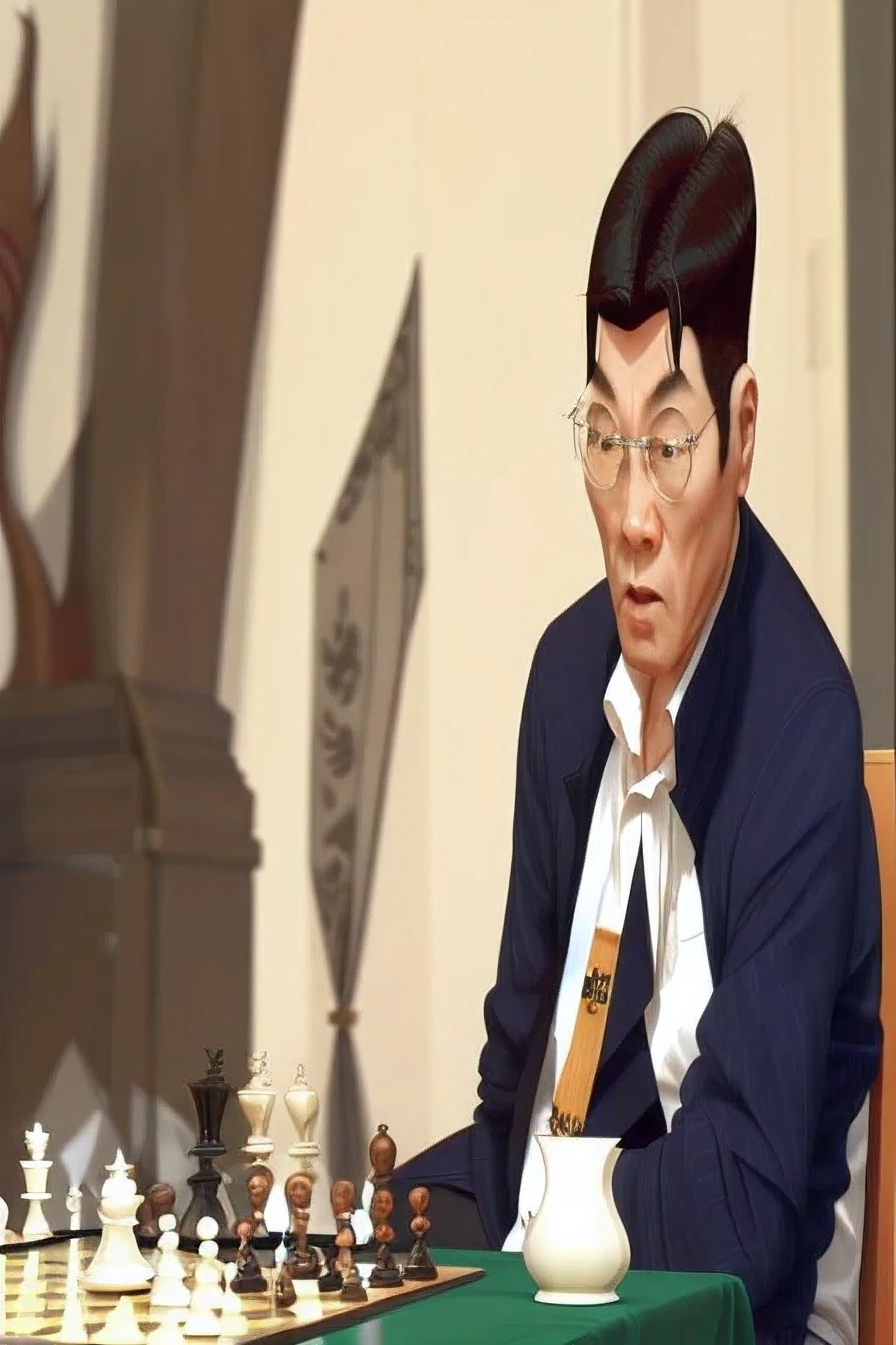 chess player sitting at a table with a chess board in front of him, ivan bolivian, shinkiro toshiaki mori, inspired by Ding Guanpeng, ramil sunga, jama jurabaev, roman shipunov, ivan laliashvili, shinji ikari, yukio - e, yin zhen chu, ivan, allan lee, wang liang