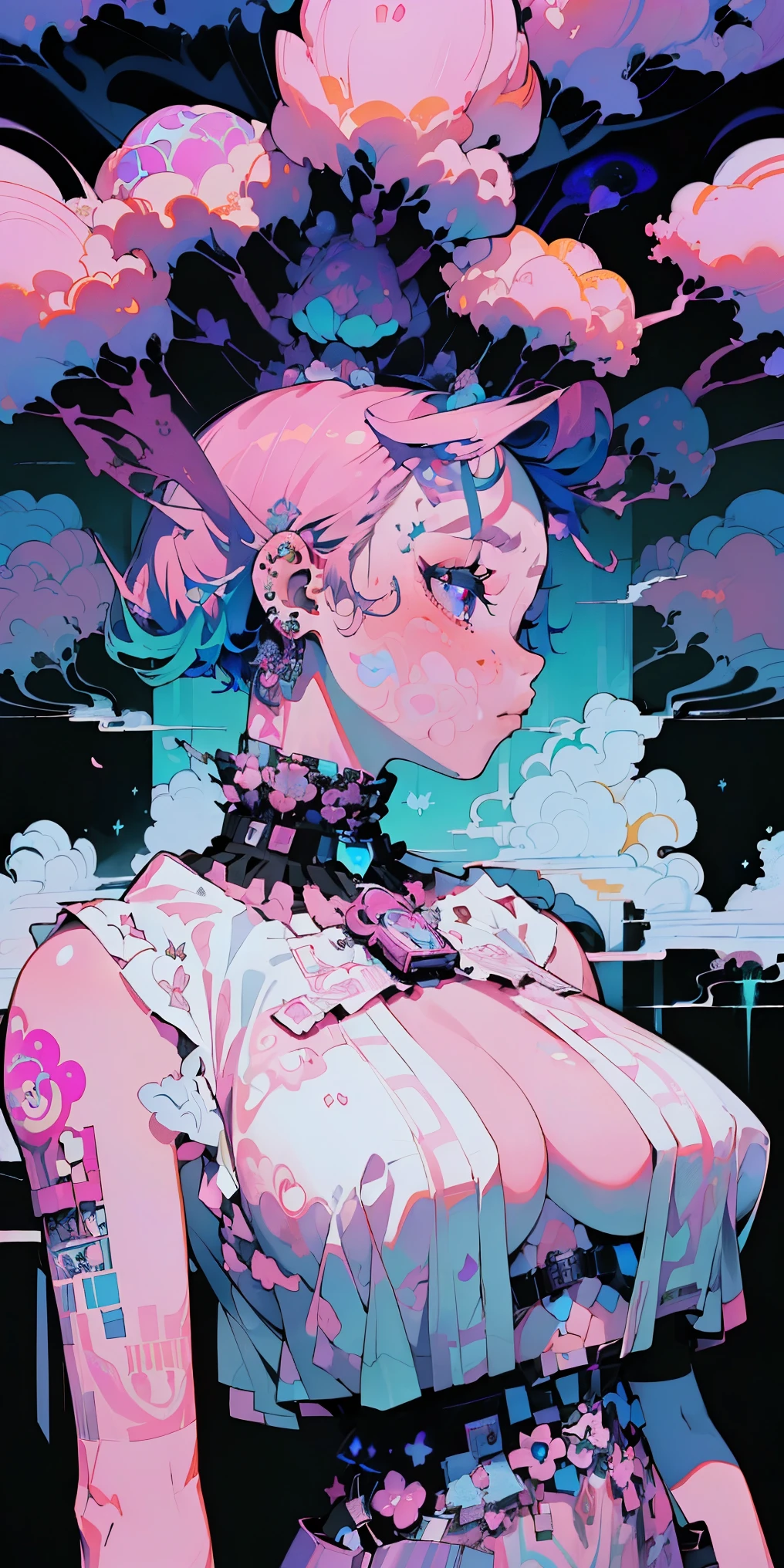 (masterpiece, top quality, best quality, official art, beautiful, cosmic, atmospheric, psychedelic, dreamlike and aesthetic:1.2), (1girl, pink punk rock mohawk hair, tons of tattoos and piercings, super huge enormously gigantic tits), extreme detailed,(fractal art:1.3),colorful,highest detailed, cherry blossoms and butterflies blowing in the wind 