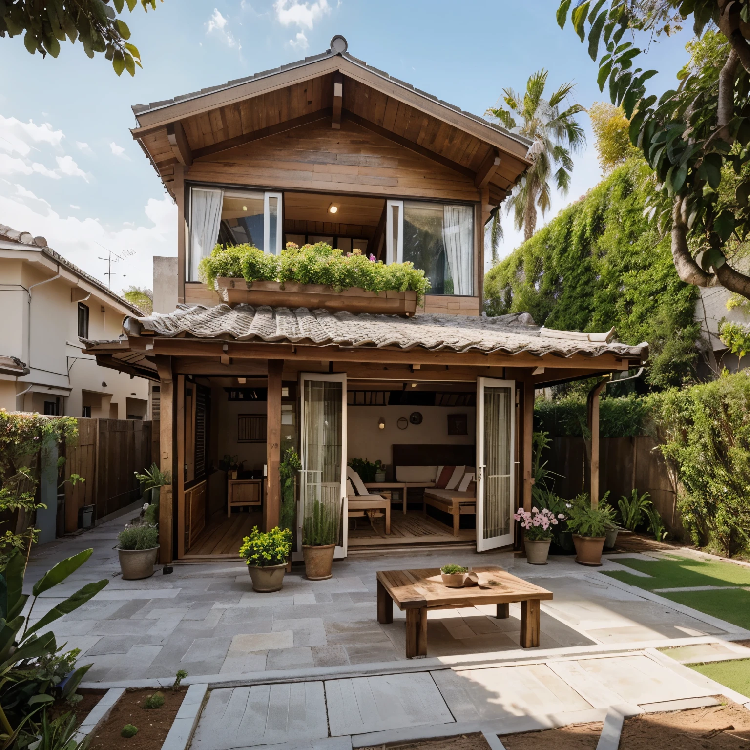 Actual image of a garden house designed in a modern style mixed with rustic, Simple but gets a lot of light and close to nature. The awning is made from faux wooden slats with a bougainvillea trellis above