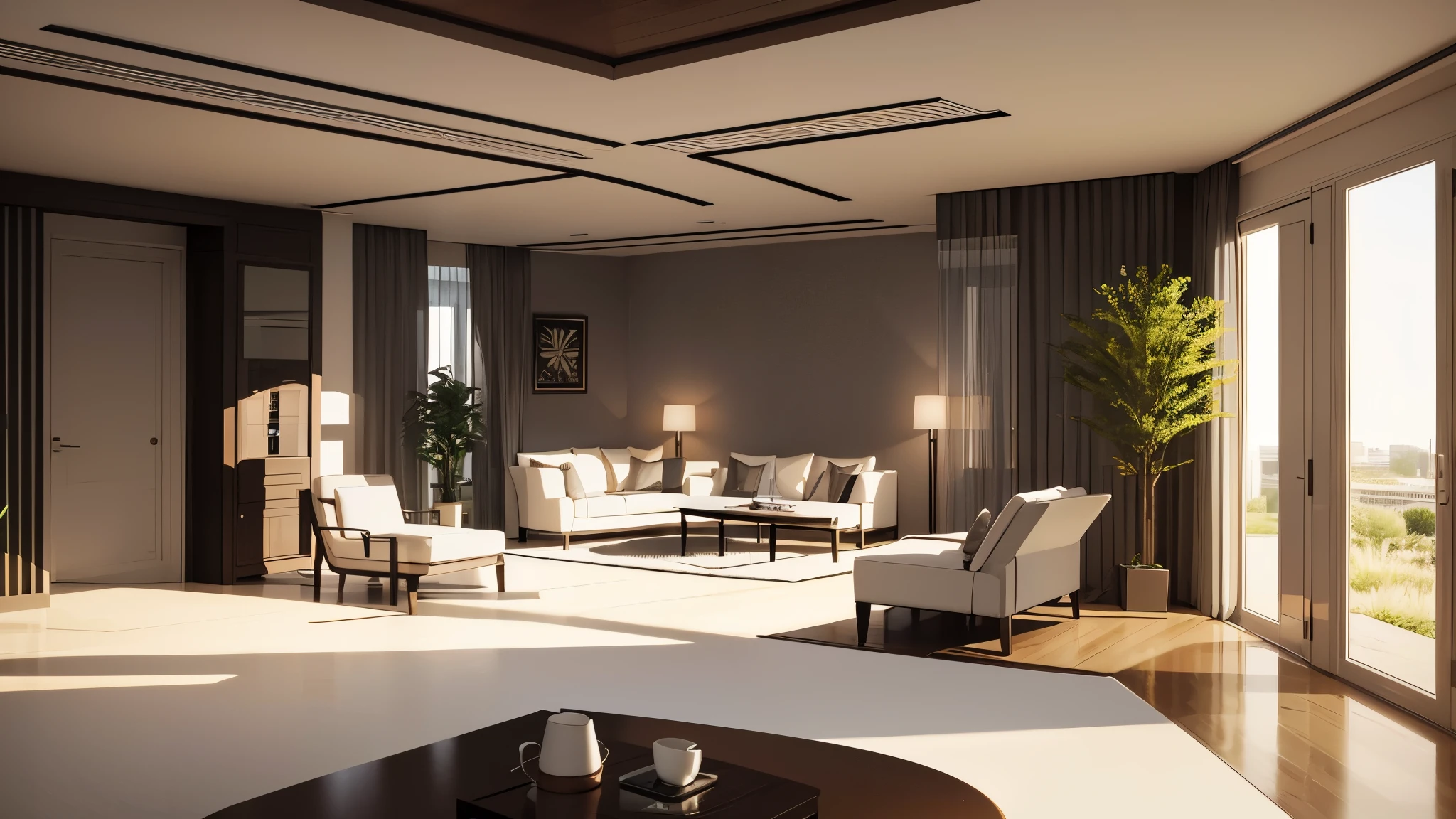 You are a famous interior designer、You have been asked to create a 3D image of a modern large room. Create a harmonious environment with modern and minimalist furniture. Including garden interior.