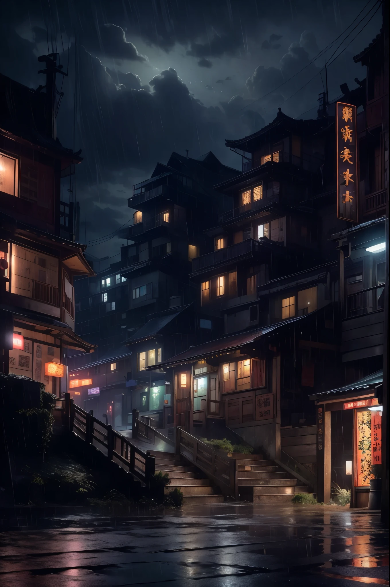 Feder village view，a lot of lights on the buildings，Dream China Town，china village，stunning wallpapers，japanese village，surreal photo of a small town，old asian village，(The sky in the distance is covered with dark clouds)，japanese city，Raymond Han，rainy night, Cyberpunk Chinese Ancient Castle, well-lit building, Late afternoon，in the rain, Beautiful and beautiful, photography, light, 8k, high detail ((downpour，full of lights，stairs)))