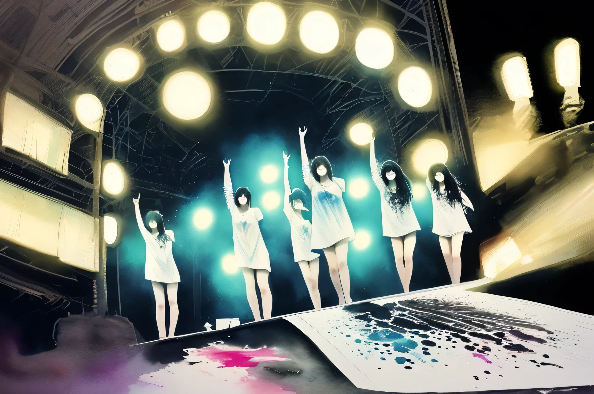 Watercolor Touch、Bleeding、a woman by agnes cecile, luminous design, vivit colours, ink drips, summer lights,joy、concert