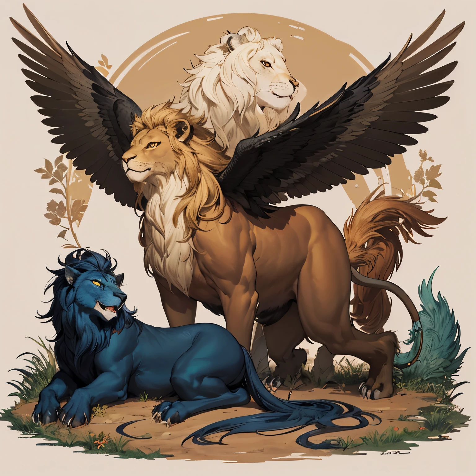 drawing of a lion with wings on a beige background, gryphon, flying mythical beasts, 2 d full body lion, mythical creature, manticore, a mythical creature, with large wings, griffin-like style, winged, mythical creatures, black lion with peacock wings, lionardo davinchi, chimera, lord of beasts, lion body