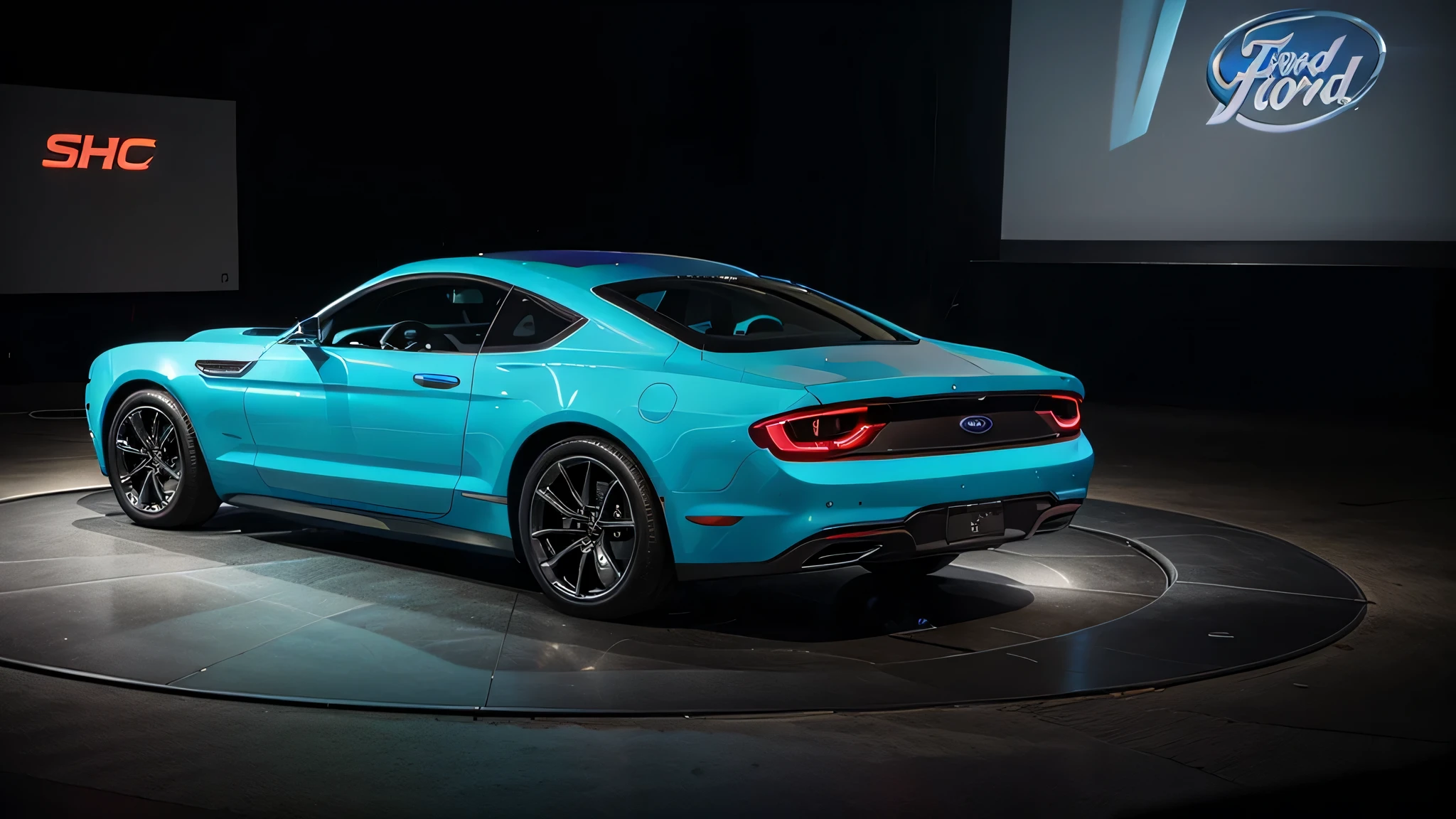 Futuristic electric Ford Thunderbird concept car from behind