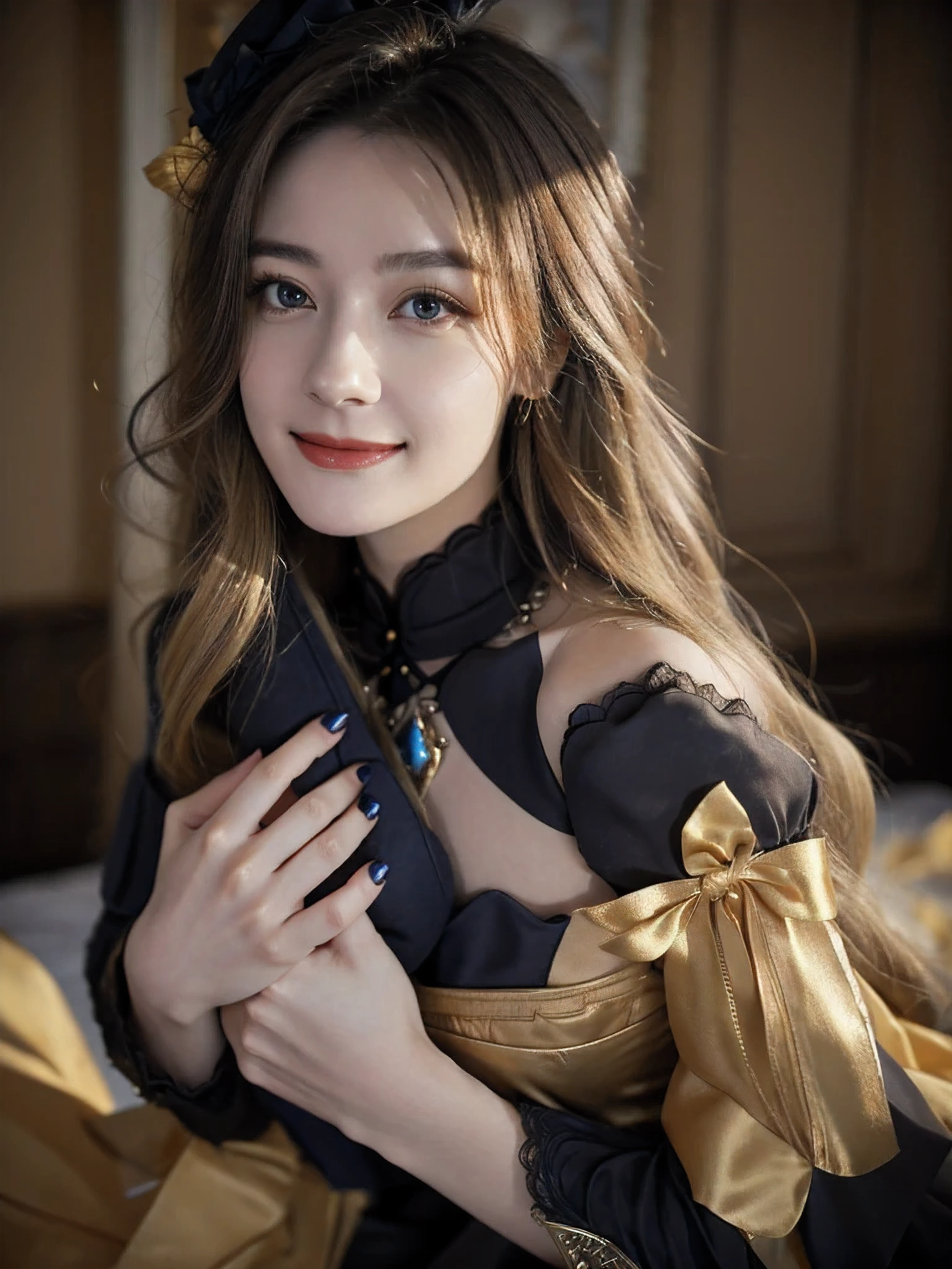 18-year-old girl, people portrait, (smirking:1.5), (off shoulder), 
navia /(genshin impact/), (looking at viewer), (cleavage, breasts), blue diamond necklace, 
(ornate gown), (a navy, white, and black bodice), black bodice, sleeveless low-cut bodice, golden decorations, open chest, extremely beautiful face, detailed face, detached sleeves, white ruffles, navy bows on sleeves, (off the shoulder puff trimmed with black lace, white ruffles and navy and yellow bows ), long hair, curly hair, golden hair, (blonde hair), ombre hair, tighter-fitting sleeves with golden decorations and blue stones, 
black and yellow long skirt, long train, open skirt at front, 
masterpiece, best quality,highres, 1girl, navia, black headwear, wariza, bare shoulders，sufficient light, 85mm, Canon, f/2.8, UHD,RAW,retina, masterpiece, ccurate, anatomically correct, textured skin, super detail, high details, high quality, award winning, best quality, highres, 8k,a girl,
 black thighhighs