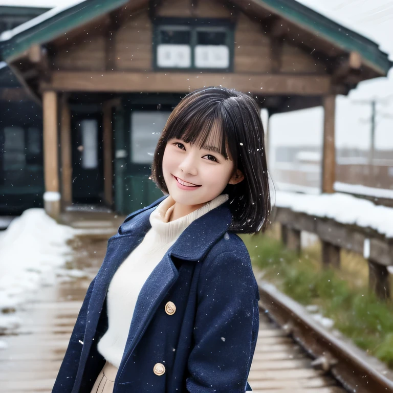 portrait,realistic,Japanese,17歳のgirl,open your mouth a little,look straight ahead,The body is frontal,looking at the viewer,that&#39;This area gets a lot of snow.,vision,black hair in ponytail,bangs,smile,,girl,smooth complexion,school uniform,navy blue blazer,gray skirt,navy blue trench coat、 (from below:1.3),full body photo,The background is the platform of a rural station....,Unmanned station platform、that&#39;the wind is strong、Let your hair flutter in the wind、that&#39;that&#39;It&#39;s snowing,(masterpiece:1.25),(clear eyes:1.1),(Gentle atmosphere:1.1),low contrast