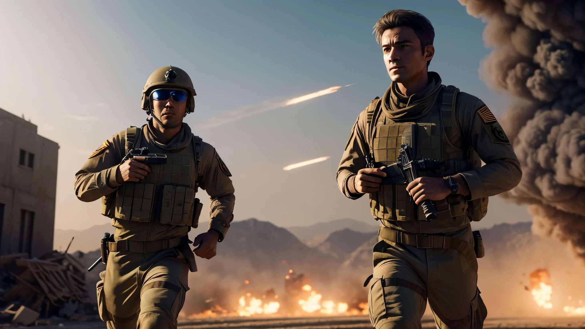 (extremely detailed CG unity 8k wallpaper, masterpiece, best quality, ultra-detailed), (best illumination, best shadow, an extremely delicate and beautiful), a soldier running for life ,bomb blast behind him,realistic,