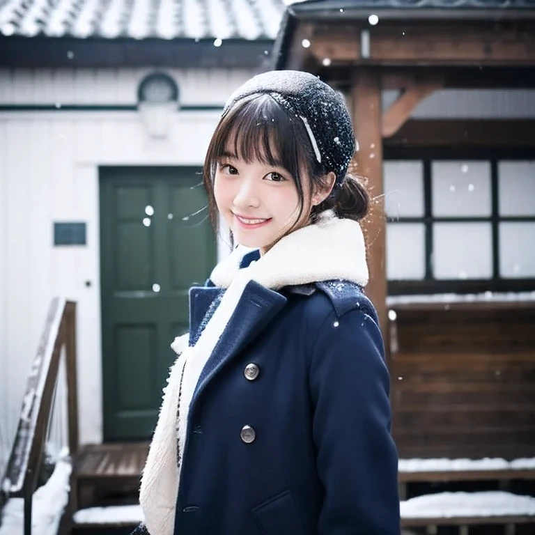 portrait,realistic,Japanese,17歳のgirl,open your mouth a little,look straight ahead,The body is frontal,looking at the viewer,that'This area gets a lot of snow.,vision,black hair in ponytail,bangs,smile,,girl,smooth complexion,school uniform,navy blue blazer,gray skirt,navy blue trench coat、 (from below:1.3),full body photo,The background is the platform of a rural station....,Unmanned station platform、that'the wind is strong、Let your hair flutter in the wind、that'that'It's snowing,(masterpiece:1.25),(clear eyes:1.1),(Gentle atmosphere:1.1),low contrast