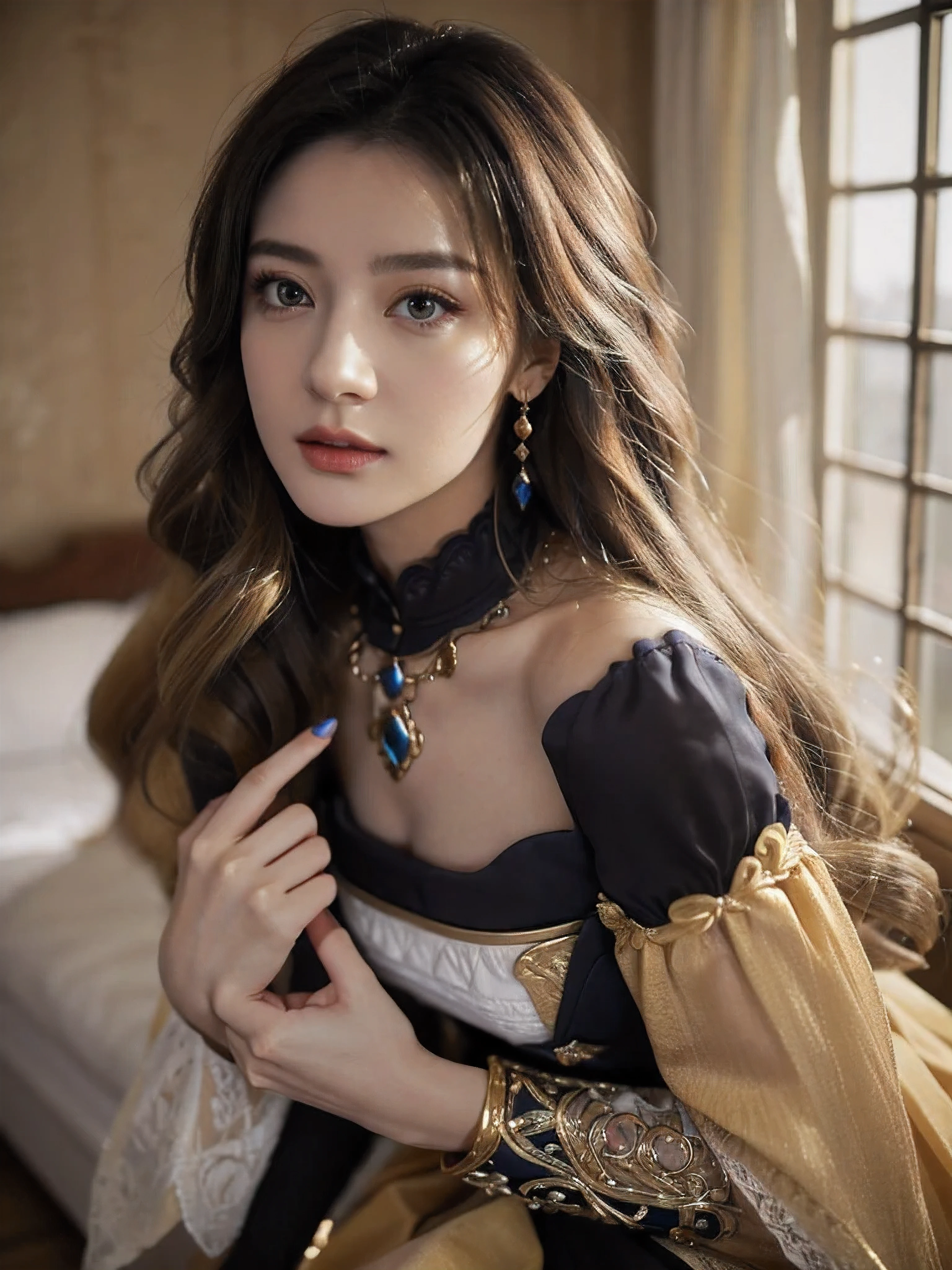 18-year-old girl, people portrait, (seducing:1.5), (off shoulder), 
navia /(genshin impact/), (looking at viewer), (cleavage, breasts), blue diamond necklace, 
(ornate gown), (a navy, white, and black bodice), black bodice, sleeveless low-cut bodice, golden decorations, open chest, extremely beautiful face, detailed face, detached sleeves, white ruffles, navy bows on sleeves, (off the shoulder puff trimmed with black lace, white ruffles and navy and yellow bows ), long hair, curly hair, golden hair, (blonde hair), ombre hair, tighter-fitting sleeves with golden decorations and blue stones, 
black and yellow long skirt, long train, open skirt at front, 
masterpiece, best quality,highres, 1girl, navia, black headwear, wariza, bare shoulders，sufficient light, 85mm, Canon, f/2.8, UHD,RAW,retina, masterpiece, ccurate, anatomically correct, textured skin, super detail, high details, high quality, award winning, best quality, highres, 8k,a girl,
 black thighhighs