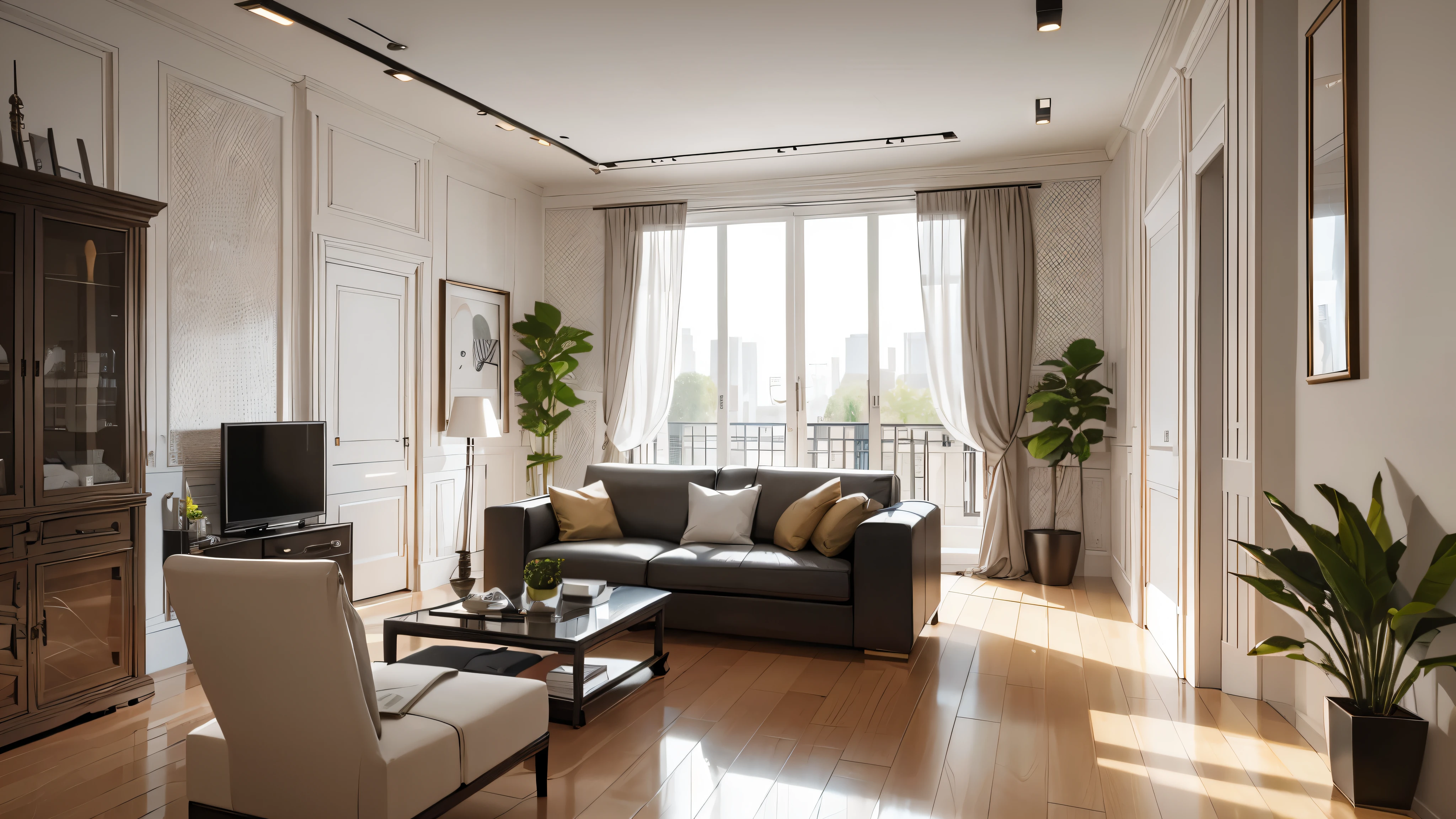 You are a famous interior designer、You have been asked to create a 3D image of a modern large room. Create a harmonious environment with modern and minimalist furniture. Including garden interior.