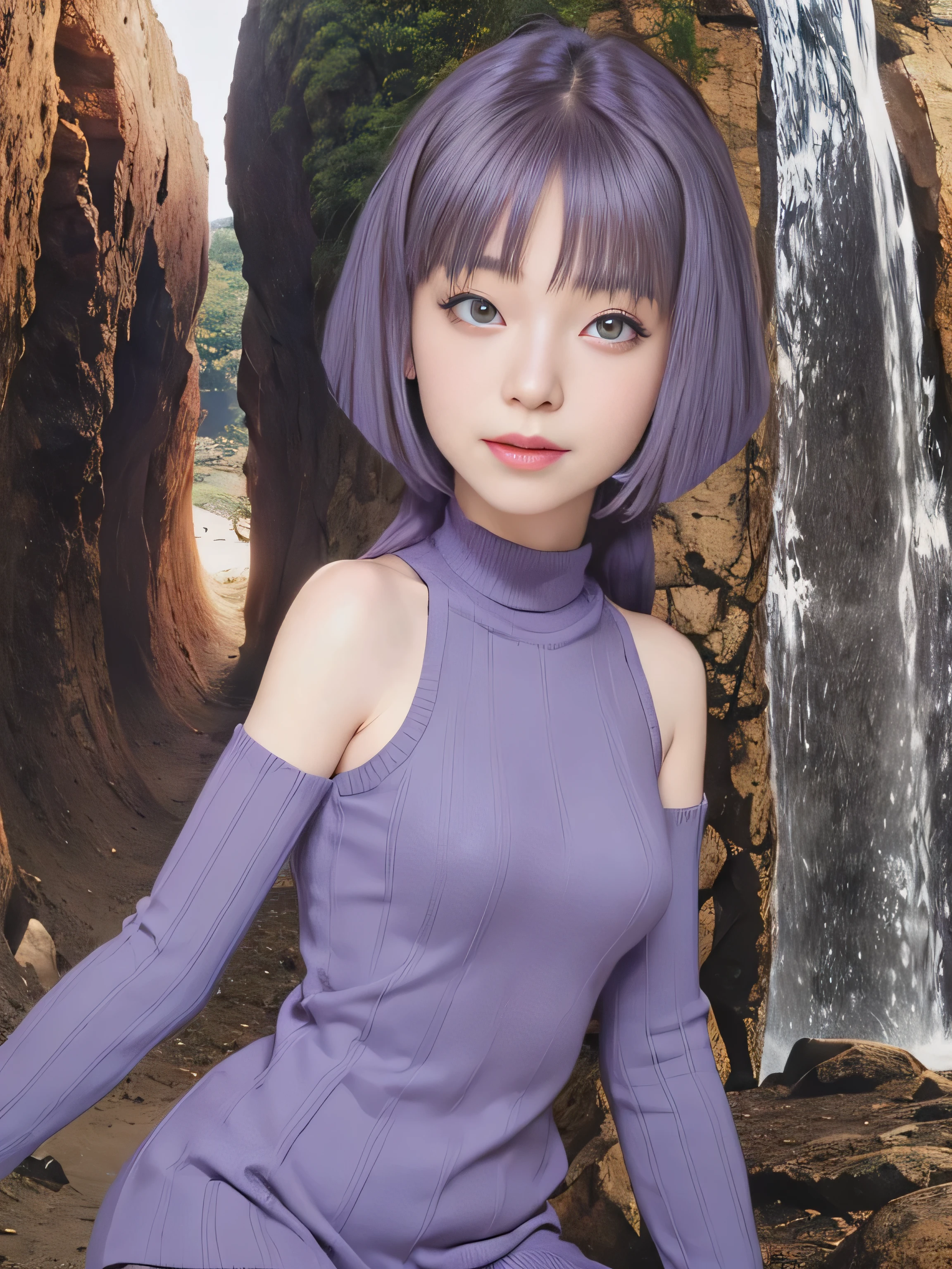 masterpiece, best quality, (realistic,photo-realistic:1.4), (RAW photo:1.2), extremely detailed CG unity 8k wallpaper, delicate and beautiful, amazing,finely detail, official art, absurdres, incredibly absurdres, huge filesize, ultra-detailed,extremely detailed eyes and face,light on face,(little smile),sumire kakei,(purple hair:1.4),long hair,(wearing sweater:1.4),(tunnel background:1.4)