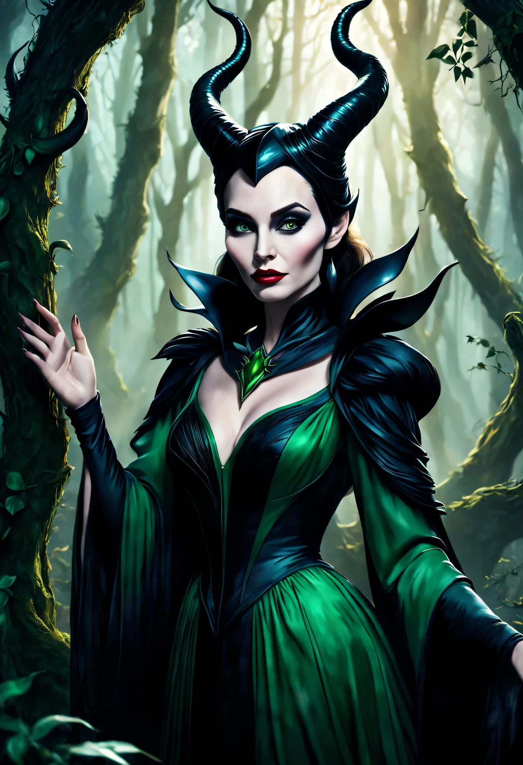 A photographic image of the sorceress Maleficent with a beautiful bewitching face and large black horns., full pose, whole body, full height, Maleficent wears a luxurious forest green dress with puffy sleeves, decorated with green forest designs with subtle intricate patterns of leaves and green stems., Maleficent has expressive bright green eyes., the delicate greenish color comes from Maleficent&#39;s hands, magical light, towards which young shoots of trees reach, Maleficent - a beautiful forest sorceress., pay special attention to Maleficent&#39;s skin texture and dark hair., Notice the texture of Maleficent&#39;s large black horns., cinematic frame, cinematic dynamic lighting, high detail, high realism, great depth of field, a high resolution, focus on Maleficent&#39;s face, High resolution HDR