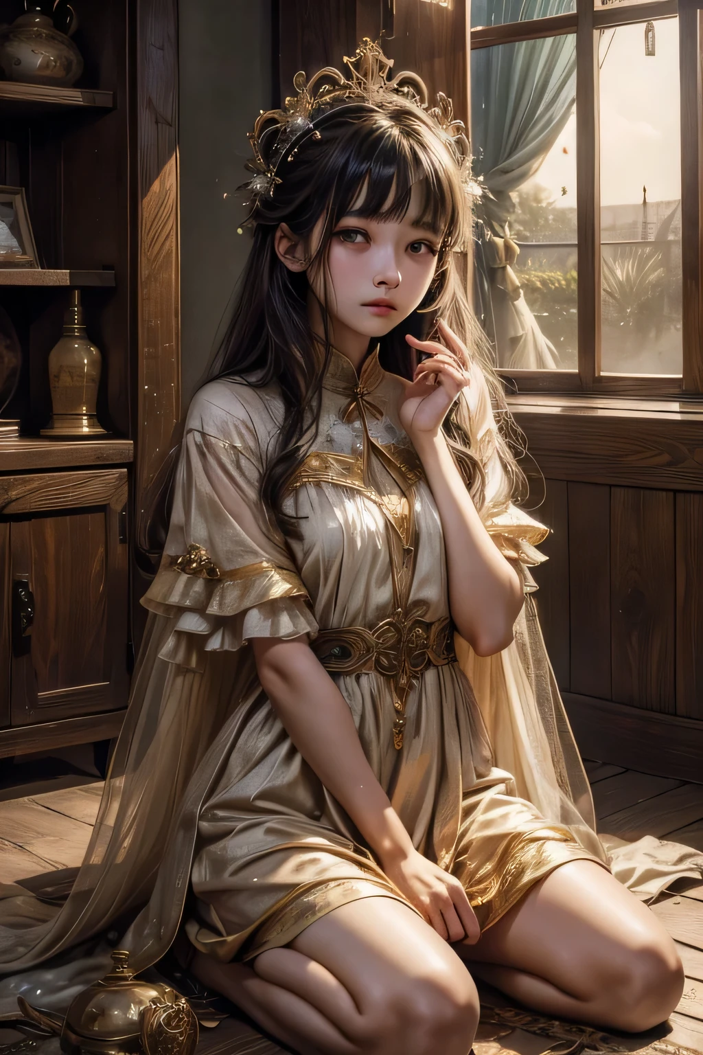 High resolution、A world shining in seven colors、clear eyes、no makeup、sad expression、wildlife、Beautiful girl who was sacrificed、The world in a dream、skinny girl、high nose、、Frugal life。poor costume、lightly dressed