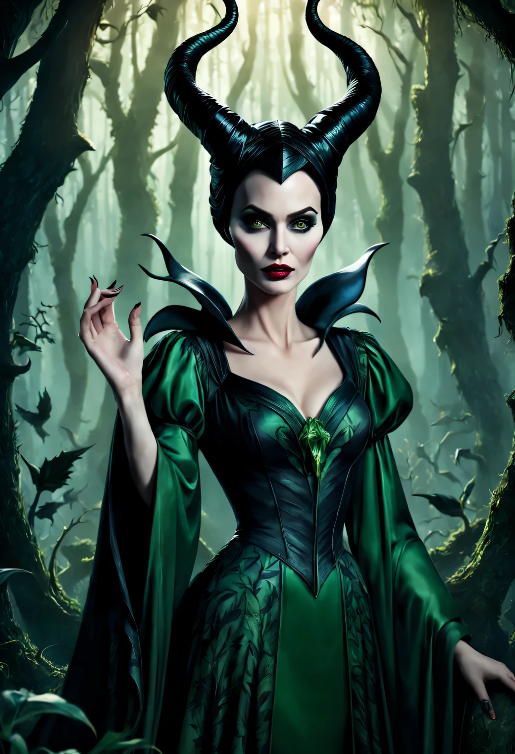 A photographic image of the sorceress Maleficent with a beautiful bewitching face and large black horns., full pose, whole body, full height, Maleficent wears a luxurious forest green dress with puffy sleeves, decorated with green forest designs with subtle intricate patterns of leaves and green stems., Maleficent has expressive bright green eyes., the delicate greenish color comes from Maleficent&#39;s hands, magical light, towards which young shoots of trees reach, Maleficent - a beautiful forest sorceress., pay special attention to Maleficent&#39;s skin texture and dark hair., Notice the texture of Maleficent&#39;s large black horns., cinematic frame, cinematic dynamic lighting, high detail, high realism, great depth of field, a high resolution, focus on Maleficent&#39;s face, High resolution HDR