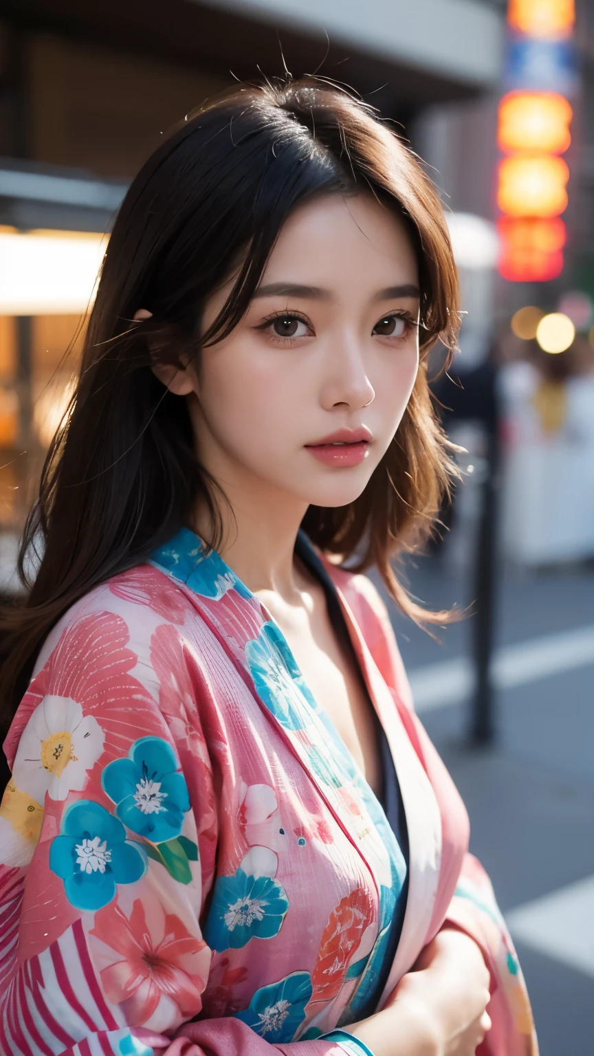 Beautiful brunette supermodel woman, A lock of hair with slight highlights, black eyes, mixed media, Sexy,Japanese street background,Colorful kimono , Liquid color flows across her face, Photographed by Yui Aragaki