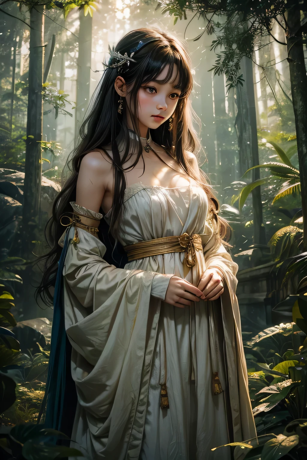 High resolution、A world shining in seven colors、clear eyes、no makeup、sad expression、wildlife。dense forest、Beautiful girl who was sacrificed、The world in a dream、skinny girl、high nose、Primitive period、、Frugal life。poor costume、lightly dressed