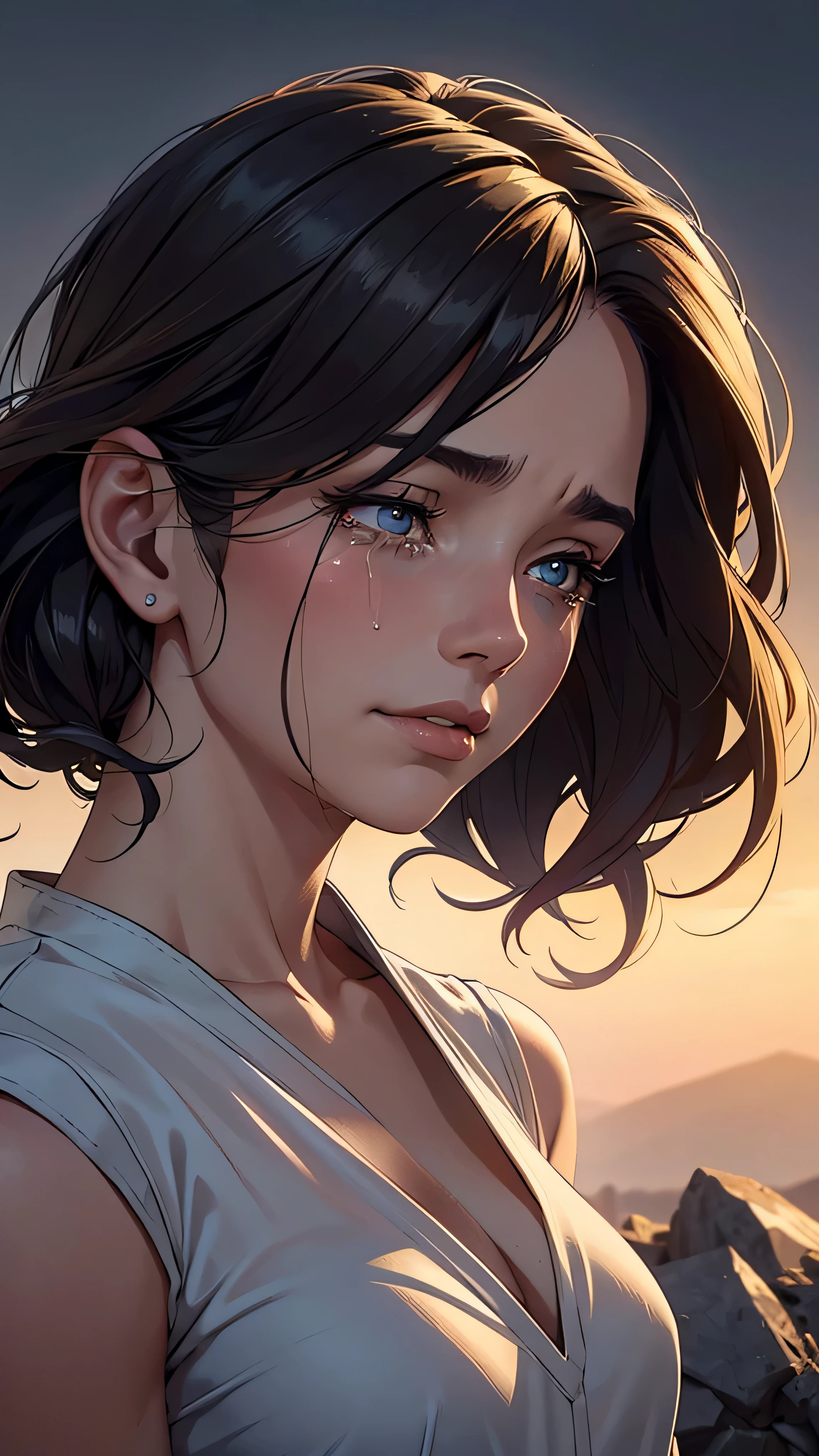 (a sad blind girl smiling while crying,cinematic),best quality,ultra-detailed,emotional,tearful,bittersweet,gazing into the distance,luminous atmosphere,subtle shadows,expressive eyes,facial expressions,sorrowful,heart-wrenching,deep emotional impact,a touch of melancholy,soft light,close-up portrait,golden hour lighting,a symphony of emotions,pensive,inner strength,instantly captivating,storybook-like,pain and beauty intertwined,mysterious beauty,ephemeral moment,dramatic lighting,poignant,contrasting emotions,whispering secrets,windswept hair,subtle color palette,hauntingly beautiful,texture-rich,ethereal beauty,transcendent,profound sense of longing,character study,dark and dreamy,solemn and introspective