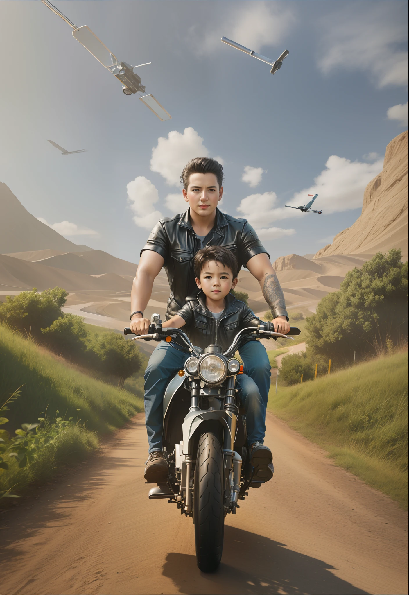 there is a man and a boy riding a motorcycle down a road, realistic picture, photo manipulation, photoshoped, realistic scene, photo 3 d, photo 3d, kid, riding a motorcycle, photoreal”, matte painting portrait shot, realistic 3 d style, photoshopped, very realistic effect, hyper realistic background, photo - manipulation, realistic background, with a