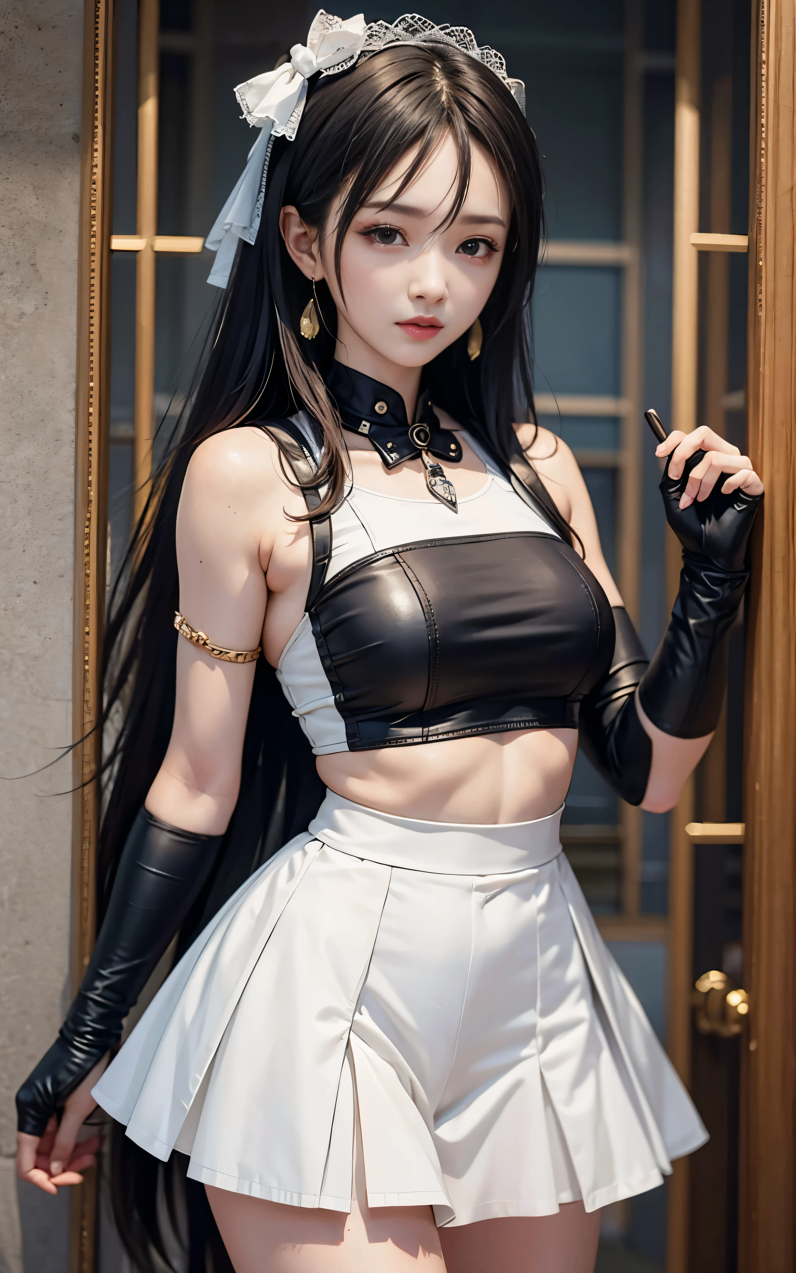 highest quality,masterpiece,High resolution,(beautiful face),looking at the viewer,Are standing,((Half body)),((White vest)),((black leather skirt)),gloved hands,right arm hanging down