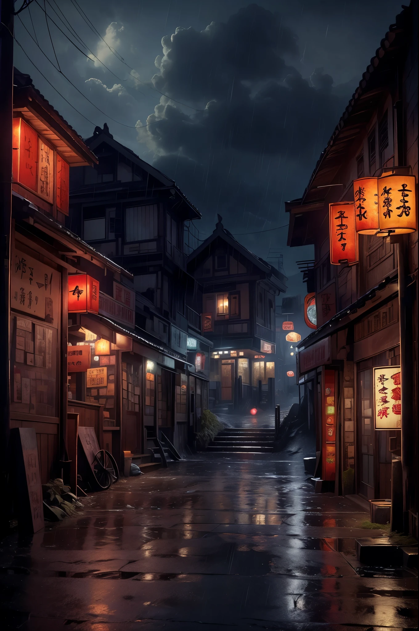 Feder village view，a lot of lights on the buildings，Dream China Town，china village，stunning wallpapers，japanese village，surreal photo of a small town，old asian village，(many old shops)，(The sky in the distance is covered with dark clouds，Red lanterns under the eaves)，japanese city，Raymond Han，rainy night, Cyberpunk Chinese Ancient Castle, well-lit building, Late afternoon，in the rain, Beautiful and beautiful, photography, light, 8k, high detail ((downpour，full of lights，stairs)))