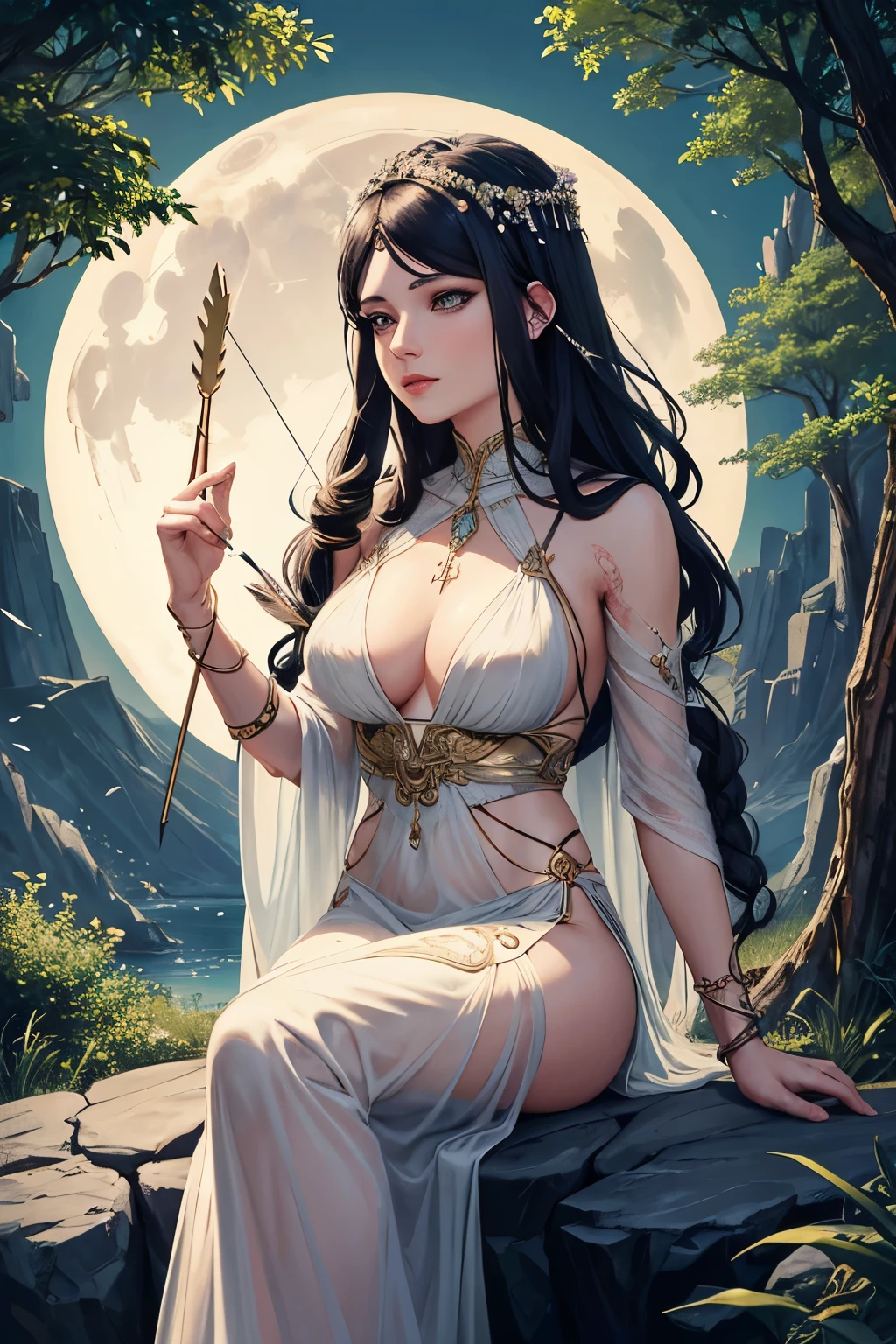 Artemis, the Greek goddess, is depicted in a gothic style tattoo seated on a rock surrounded by nature in a fantasy world wearing a see-through attire. She carries a heard in one hand and an arrow in the other. She seems serene in the moonlight.
