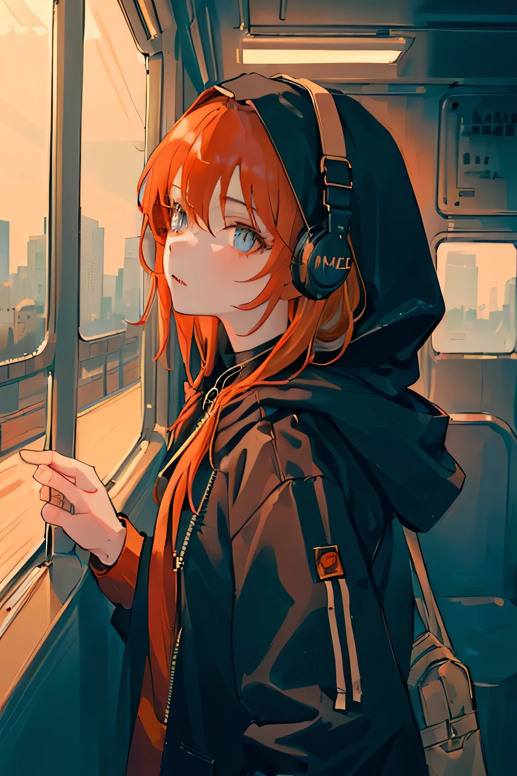 (masterpiece, side light, Super detailed, beautiful and fine eyes: 1.2), 1 girl, bag, building, From the side, headphones, hood, hood down, hooded Jacket, hoodie, Jacket, long hair, orange hair, profile, redhead, alone, train, train interior, Upper body, masterpiece, highest quality