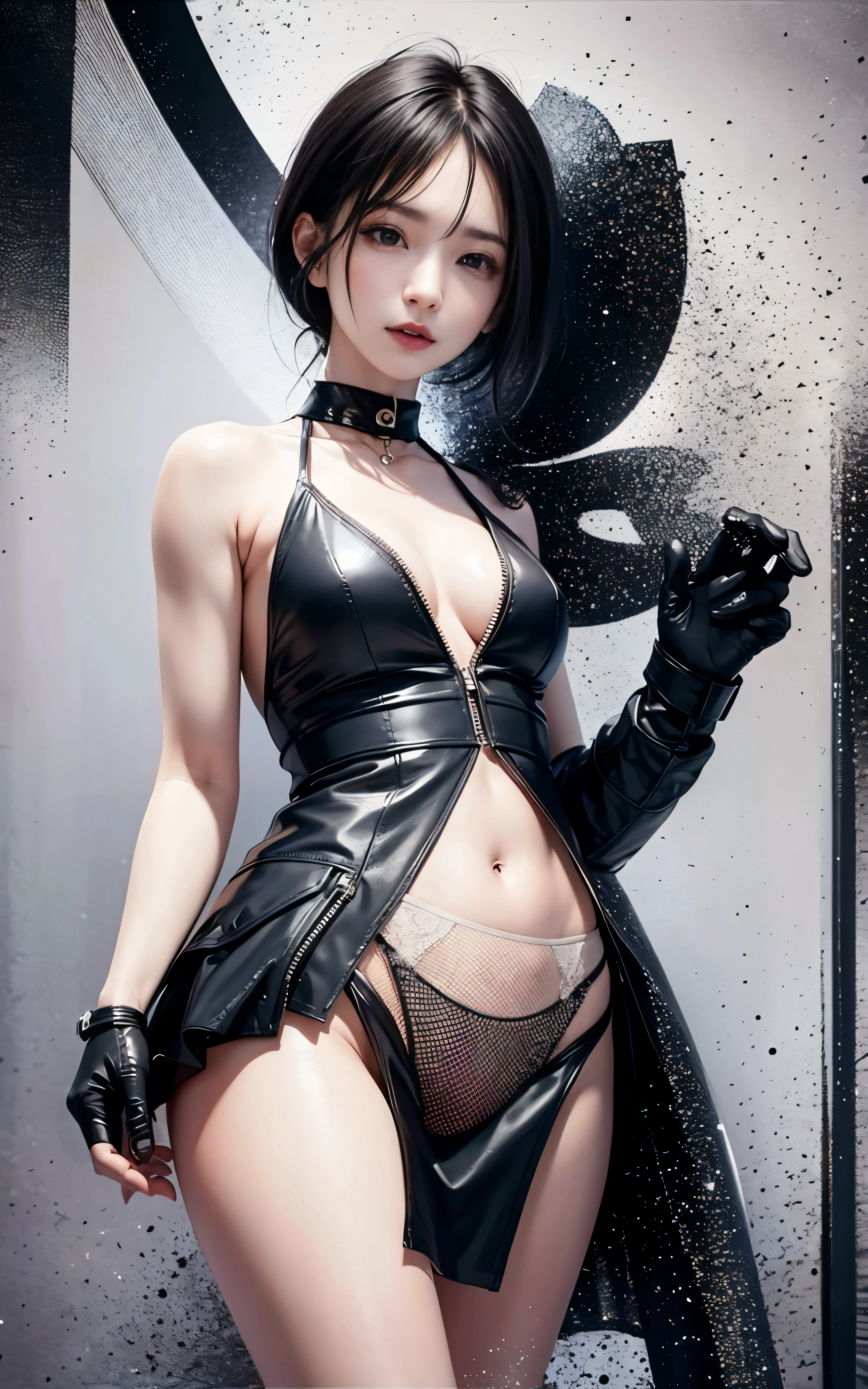 highest quality,masterpiece,High resolution,(beautiful face),looking at the viewer,Are standing,((Half body)),((White vest)),((black leather skirt)),gloved hands,right arm hanging down