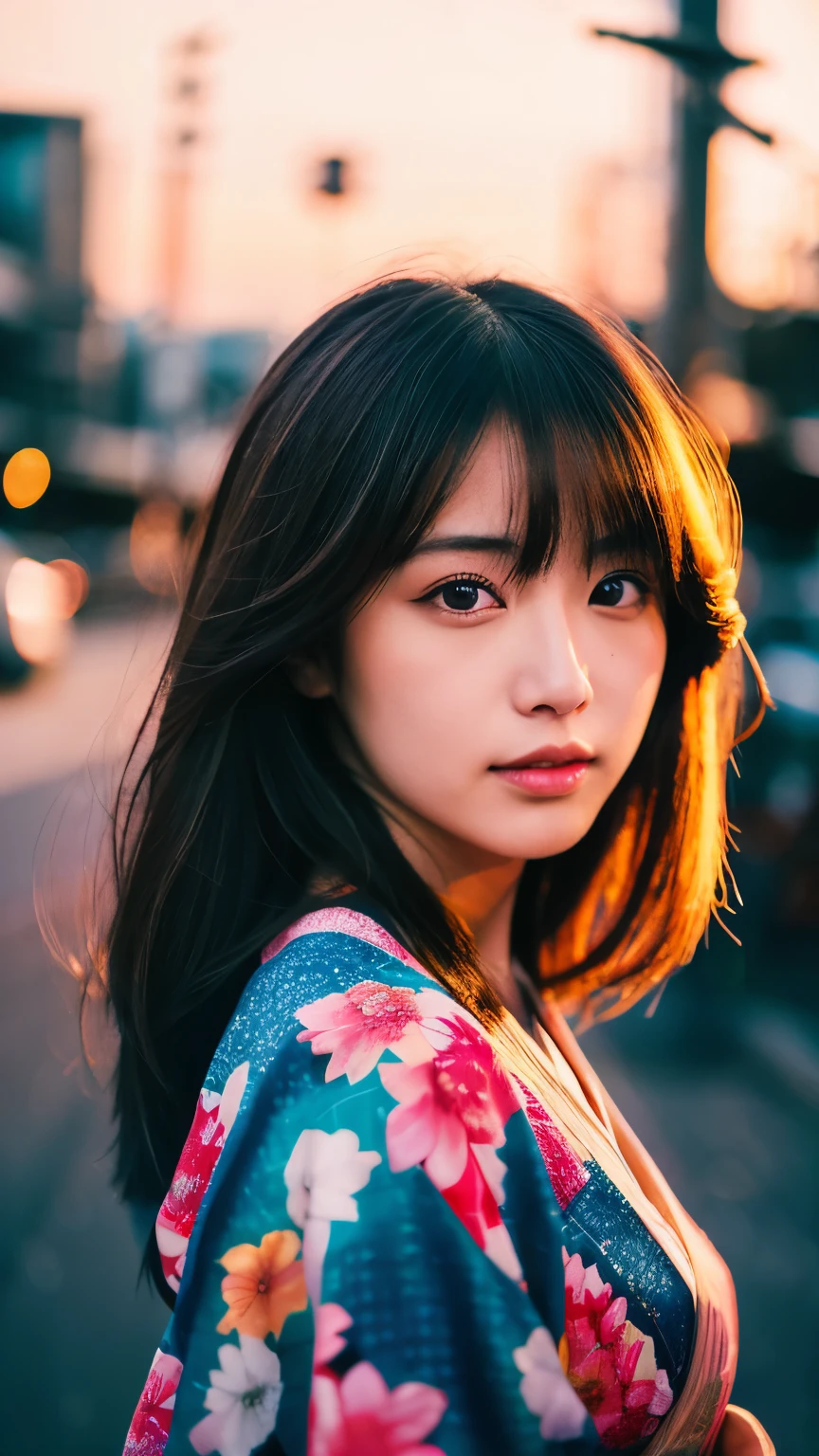 Beautiful Japanese supermodel woman, A lock of hair with slight highlights, black eyes, mixed media, Sexy，Japanese street background，bright kimono , Liquid color flows across her face, sunset，Photographed by Yui Aragaki