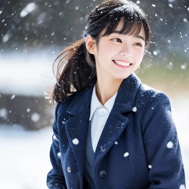 portrait,realistic,Japanese,17歳のgirl,open your mouth a little,look straight ahead,The body is frontal,looking at the viewer,This area gets a lot of snow.,vision,black hair in ponytail,bangs,smile,,girl,smooth complexion,school uniform,navy blue blazer,gray skirt,navy blue trench coat、 (from below:1.3),full body photo,The background is a snowy meadow、that'the wind is strong、Let your hair flutter in the wind、that'It's snowing,There'in a lot of snow、(masterpiece:1.25),(clear eyes:1.1),(Gentle atmosphere:1.1),low contrast