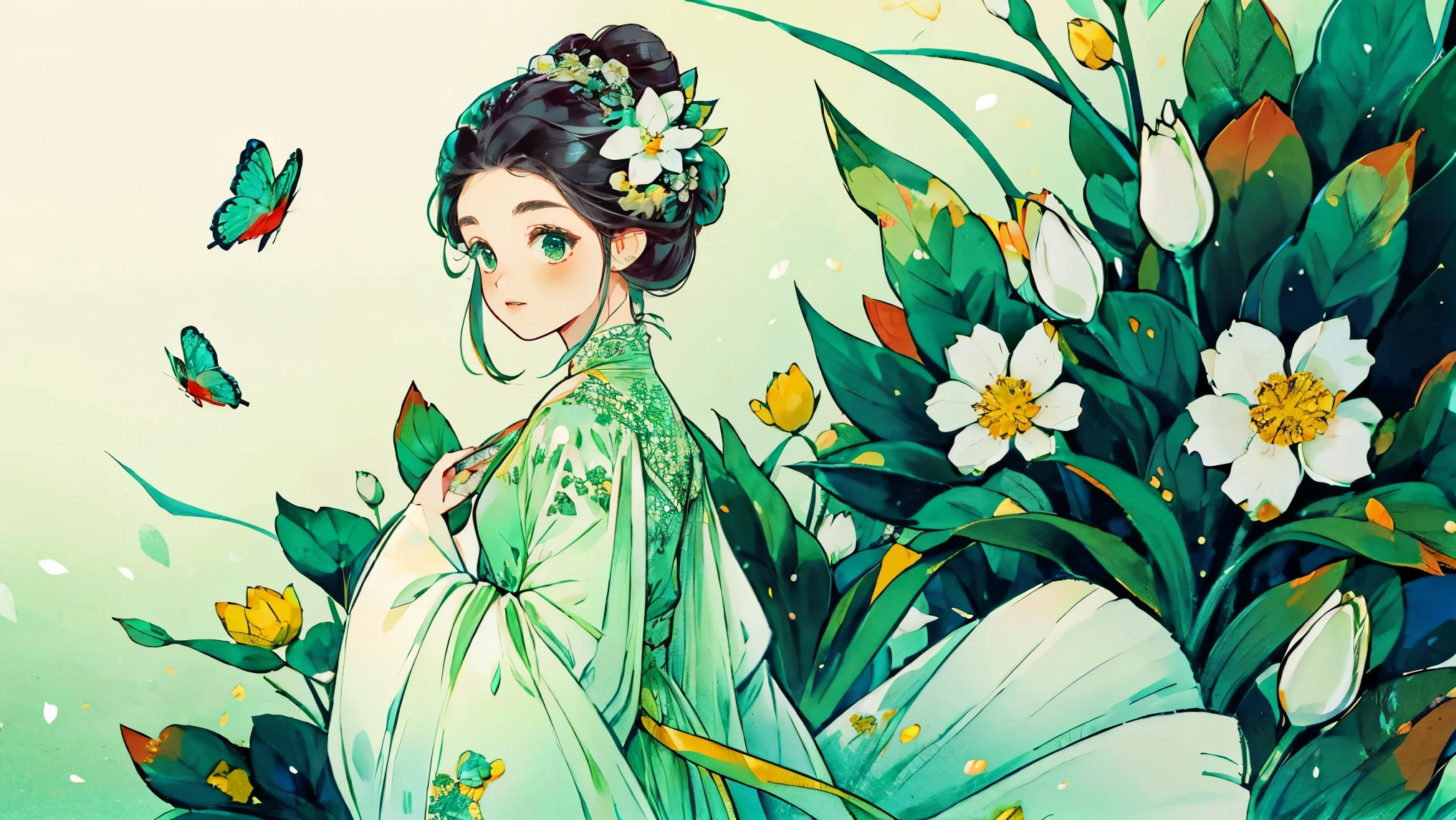 1 Sister, Alone, looking at viewert, face flushed, Background with, black hair color hair, hair adornments, longer sleeves, white backgrounid, everlasting, Full body lesbian, green color, flowers blooming, hairflower, hair-bun, butterflys, tmasterpiece, recent quality, The finest details, Clear facial features, beautidful eyes