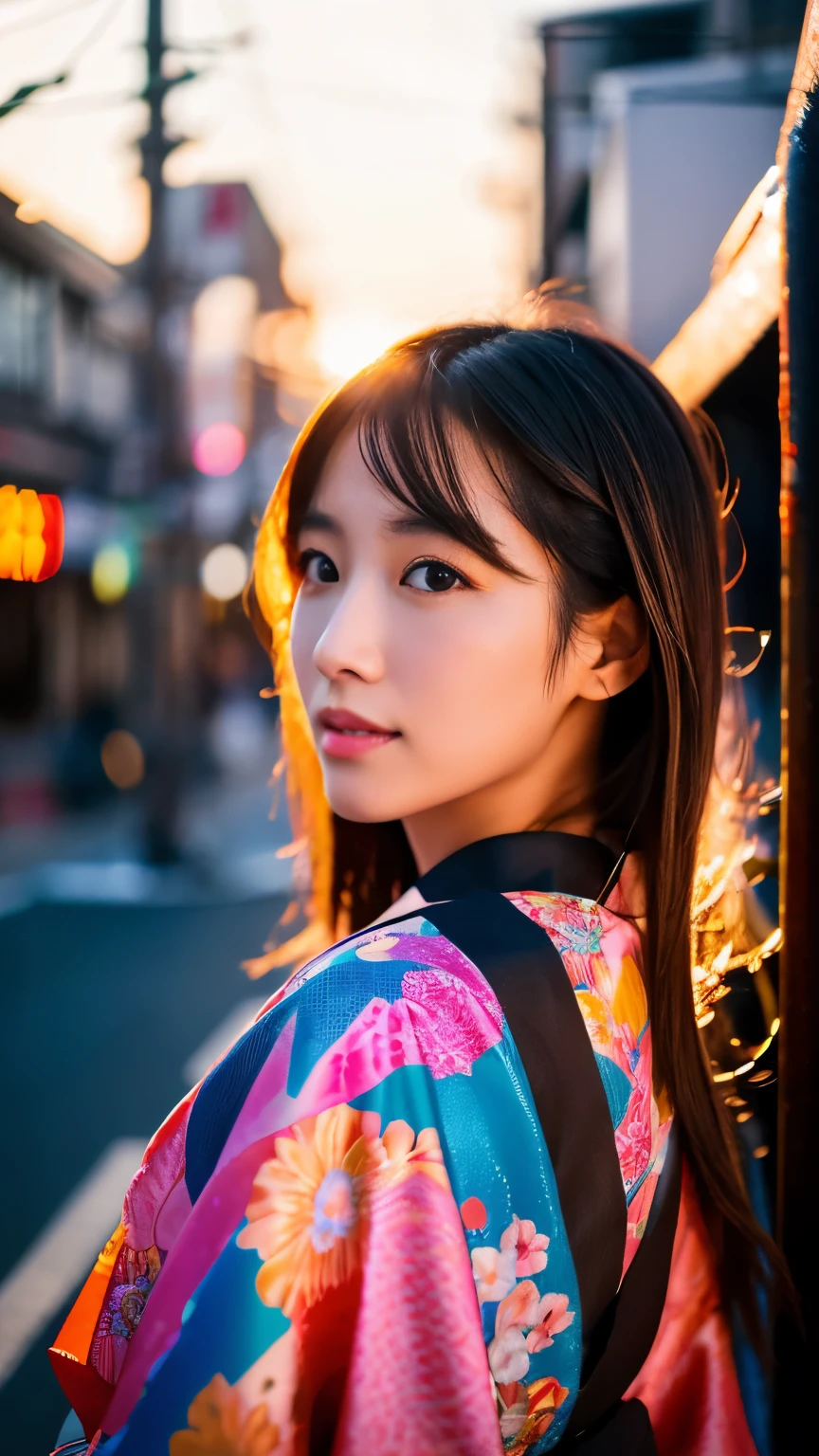 Beautiful Japanese supermodel woman, A lock of hair with slight highlights, black eyes, mixed media, Sexy,Japanese street background,bright kimono , Liquid color flows across her face, sunset,Photographed by Yui Aragaki