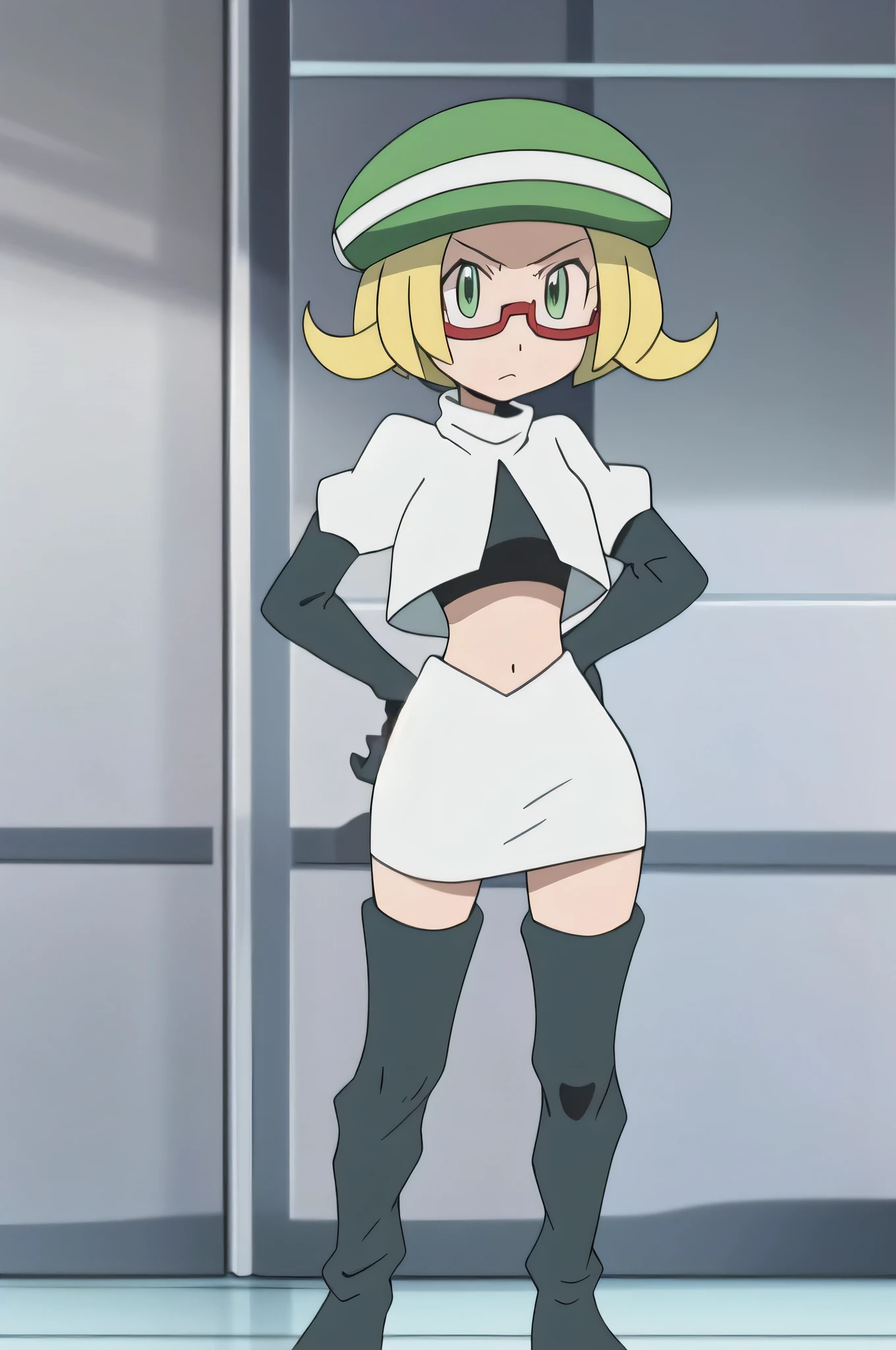 masterpiece, best quality, highres,team rocket uniform, red letter r, white skirt, white crop top, black thigh-high boots, black elbow gloves, glaring angrily, looking at viewer, hands on hips, full body seen, zettai ryouiki, Bianca, green hat, glasses