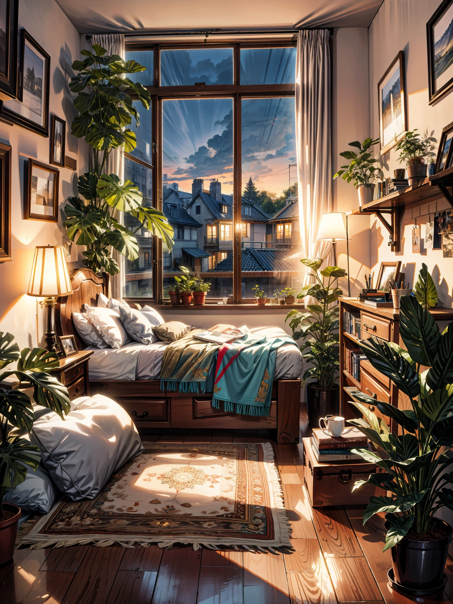 painting of a French bedroom interior view, beautiful calm lofi vibe,monstera plant, rug,desk,chair, golden hour, hanging lights  ,chair,table 4k hd, cloud, Bougainville,beautiful art uhd 4 k, a beautiful artwork illustration, beautiful digital painting, highly detailed digital painting, beautiful digital artwork, detailed painting 4 k, very detailed digital painting, rich picturesque colors, gorgeous digital painting, intense raining outside the window